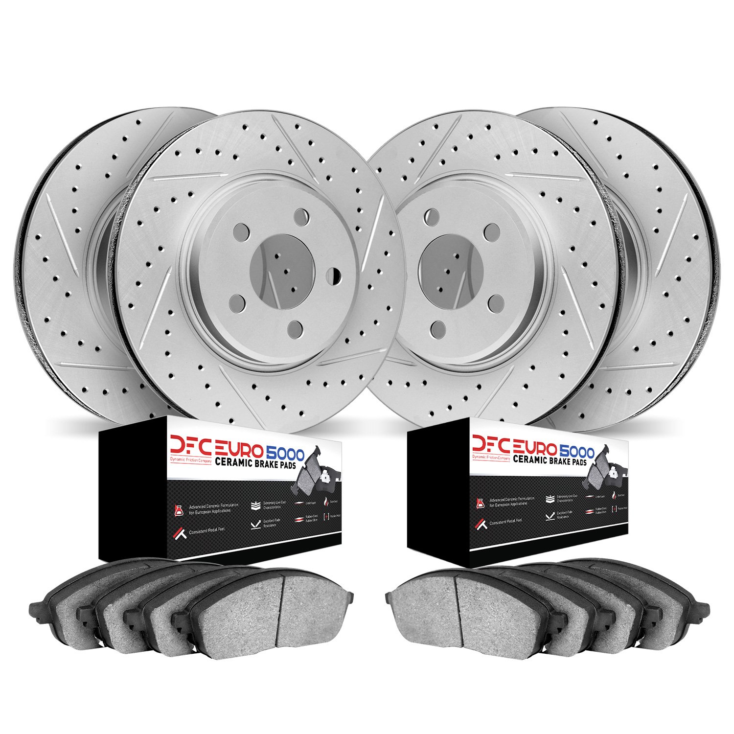 2604-54000 Geoperformance Drilled/Slotted Rotors w/5000 Euro Ceramic Brake Pads Kit, 2000-2006 Multiple Makes/Models, Position: