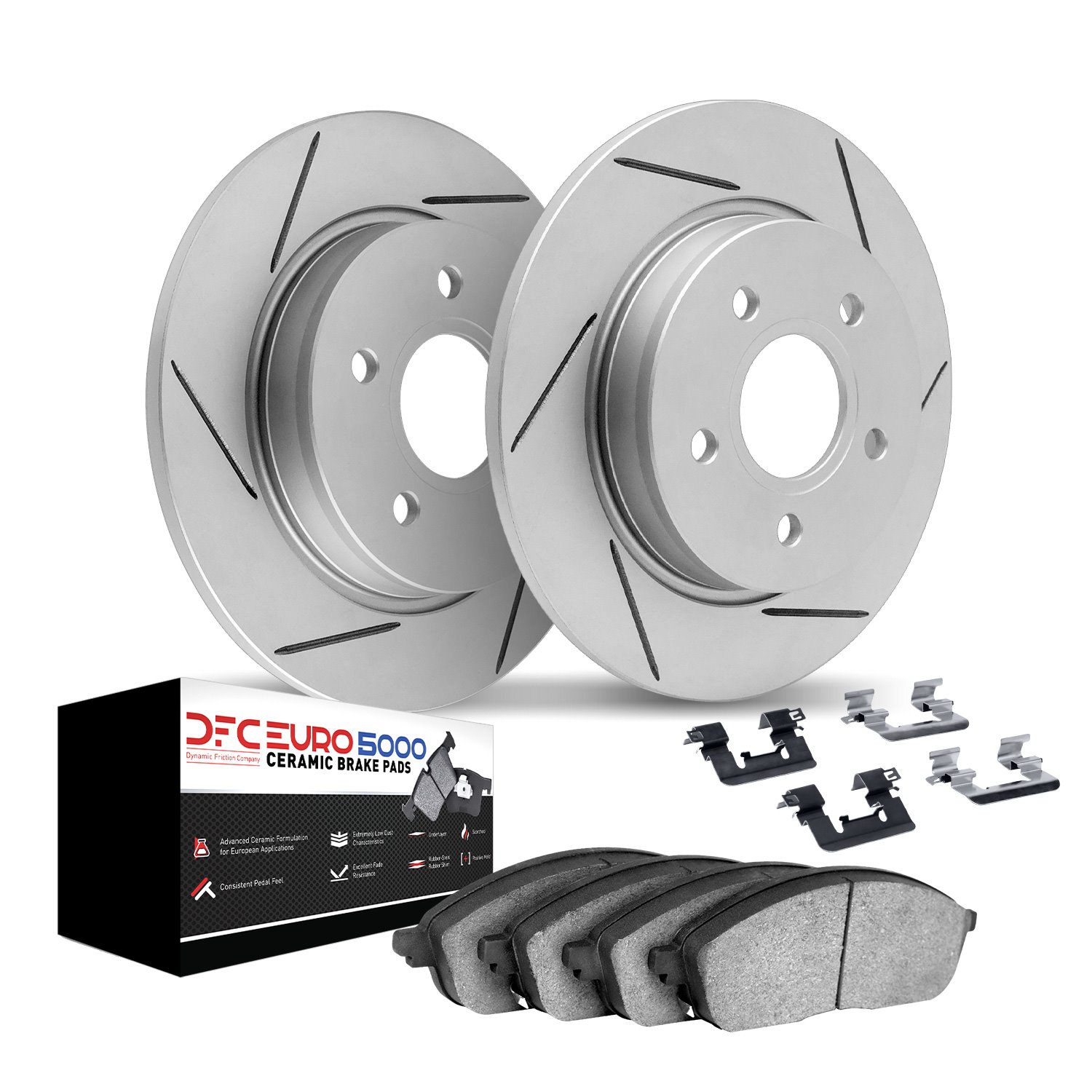 2612-11078 Geoperformance Slotted Brake Rotors w/5000 Euro Ceramic Brake Pads Kit & Hardware, 2015-2020 Multiple Makes/Models, P