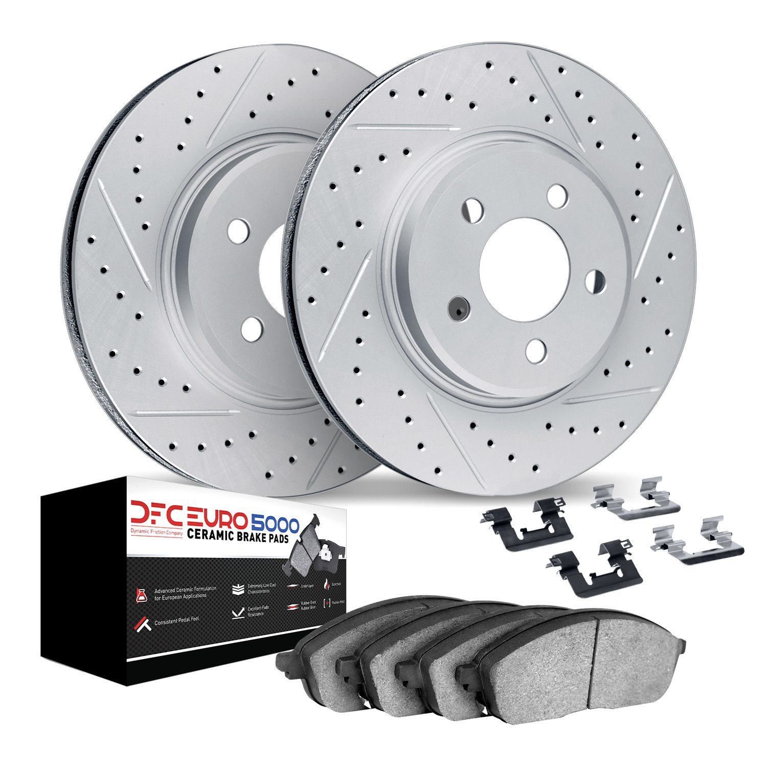 2612-16003 Geoperformance Drilled/Slotted Rotors w/5000 Euro Ceramic Brake Pads Kit & Hardware, 2017-2021 Alfa Romeo, Position: