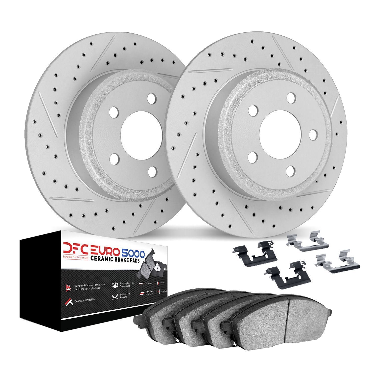 2612-27053 Geoperformance Drilled/Slotted Rotors w/5000 Euro Ceramic Brake Pads Kit & Hardware, 2007-2010 Volvo, Position: Rear