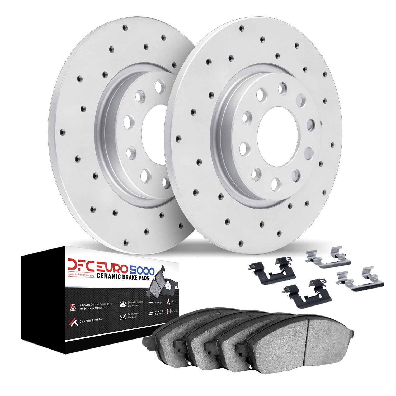 2612-27056 Geoperformance Drilled Brake Rotors w/5000 Euro Ceramic Brake Pads Kit & Hardware, 2018-2018 Volvo, Position: Rear