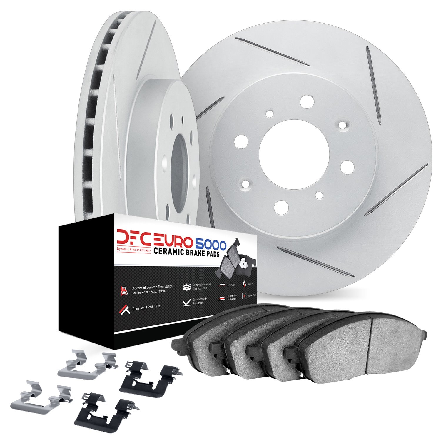 2612-31004 Geoperformance Slotted Brake Rotors w/5000 Euro Ceramic Brake Pads Kit & Hardware, 1984-1991 BMW, Position: Front