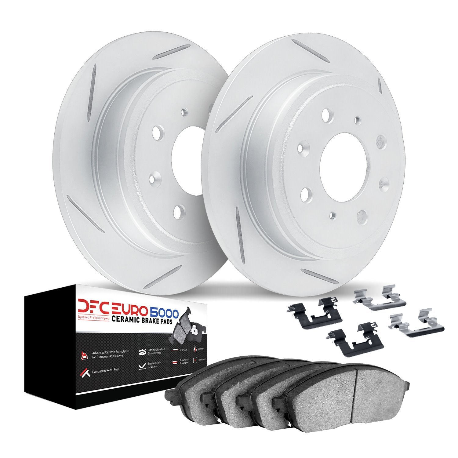 2612-32005 Geoperformance Slotted Brake Rotors w/5000 Euro Ceramic Brake Pads Kit & Hardware, 2007-2008 Mini, Position: Rear