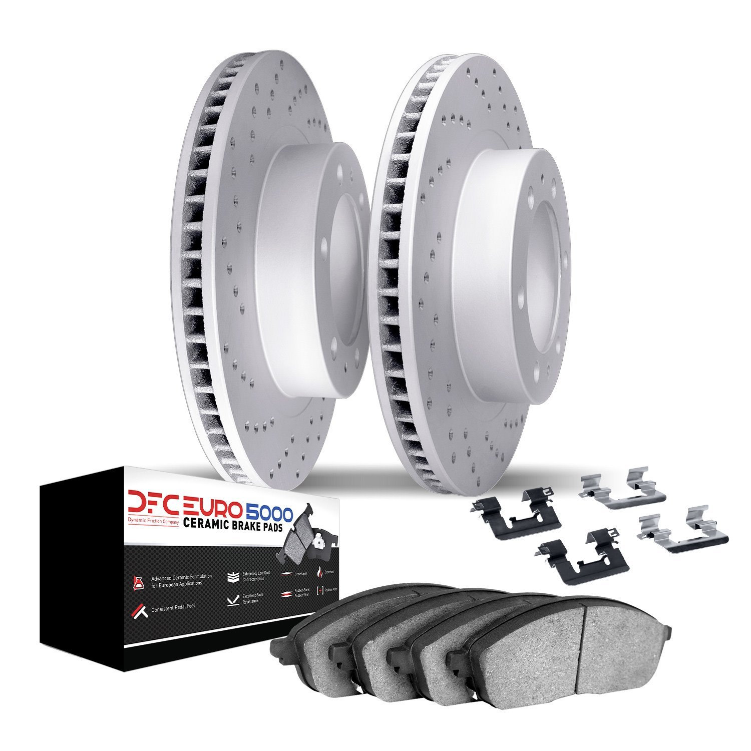 2612-46089 Geoperformance Drilled Brake Rotors w/5000 Euro Ceramic Brake Pads Kit & Hardware, 2010-2016 GM, Position: Front