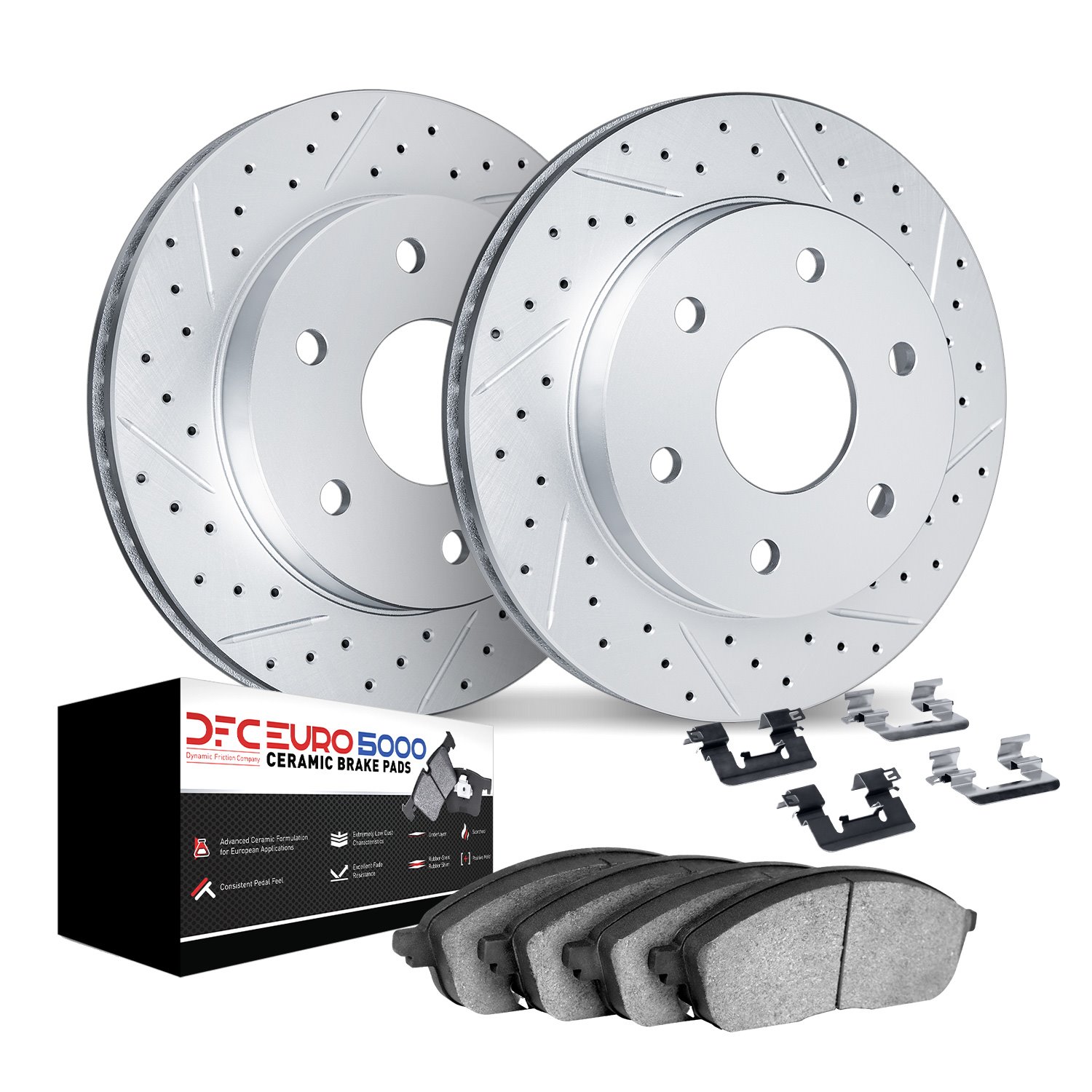 2612-48018 Geoperformance Drilled/Slotted Rotors w/5000 Euro Ceramic Brake Pads Kit & Hardware, 2007-2017 GM, Position: Rear