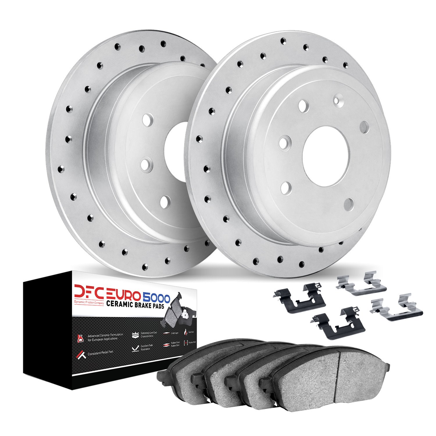 2612-54018 Geoperformance Drilled Brake Rotors w/5000 Euro Ceramic Brake Pads Kit & Hardware, 2002-2004 Ford/Lincoln/Mercury/Maz