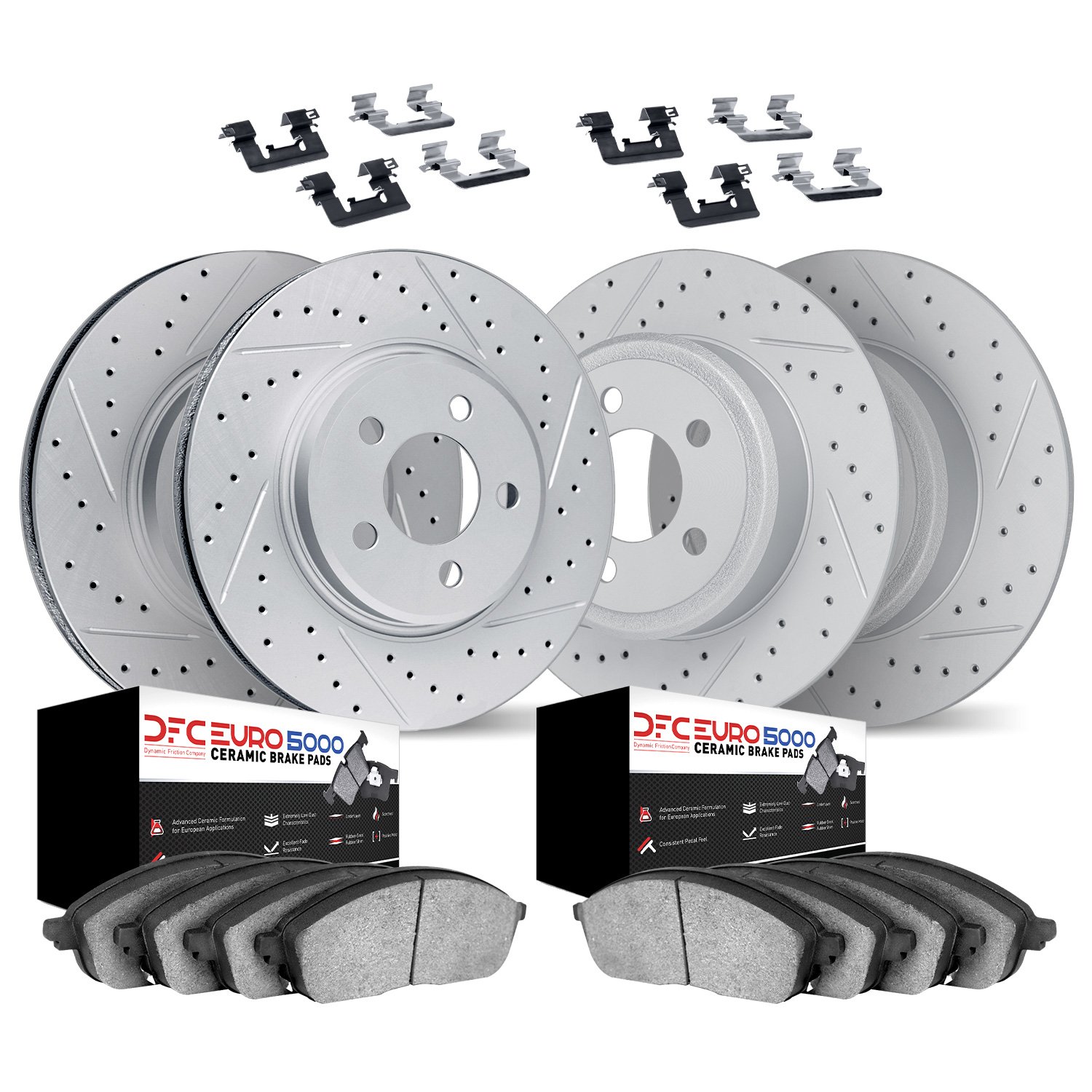 2614-07002 Geoperformance Drilled/Slotted Rotors w/5000 Euro Ceramic Brake Pads Kit & Hardware, 2014-2019 Mopar, Position: Front