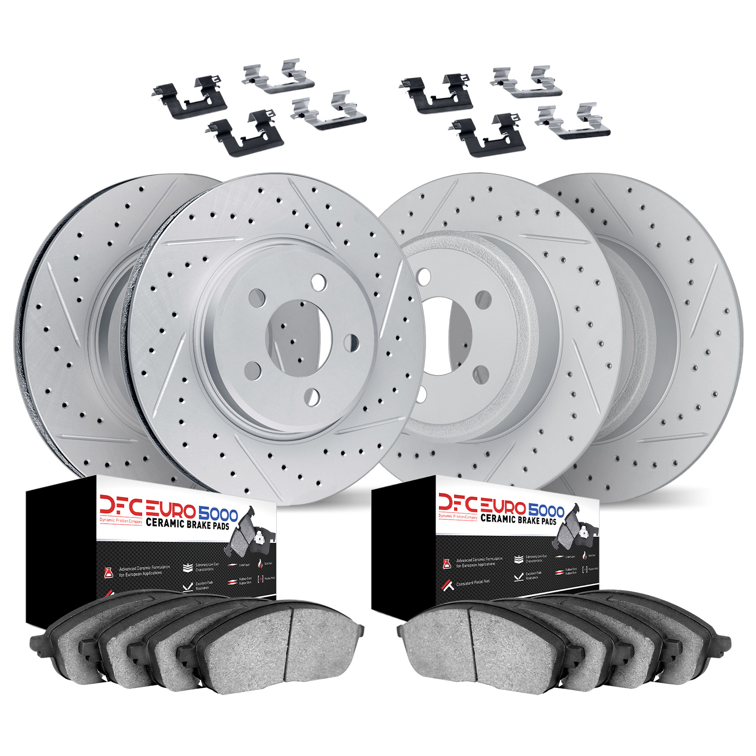 2614-11000 Geoperformance Drilled/Slotted Rotors w/5000 Euro Ceramic Brake Pads Kit & Hardware, 1994-2002 Land Rover, Position: