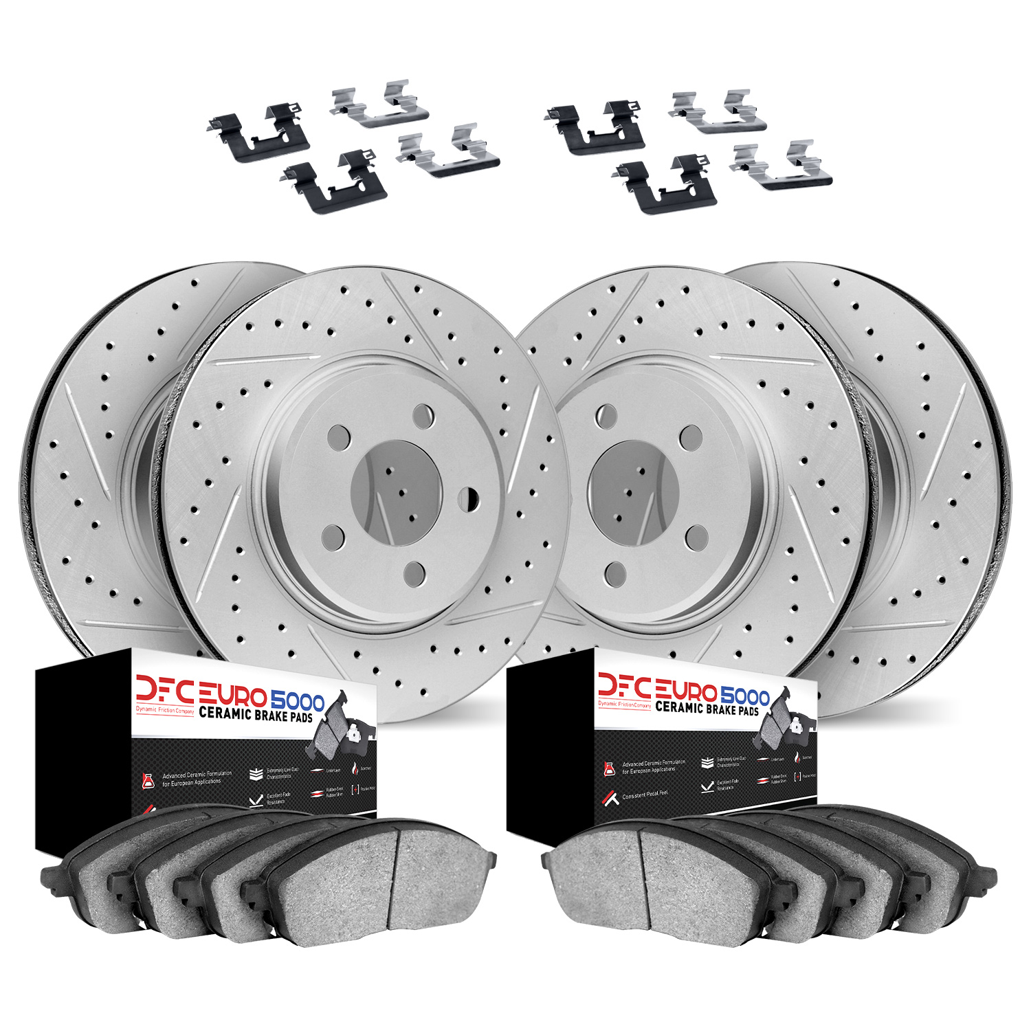 2614-26000 Geoperformance Drilled/Slotted Rotors w/5000 Euro Ceramic Brake Pads Kit & Hardware, 2012-2013 Tesla, Position: Front