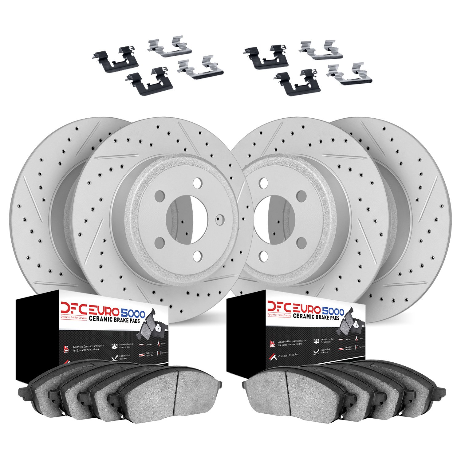 2614-27003 Geoperformance Drilled/Slotted Rotors w/5000 Euro Ceramic Brake Pads Kit & Hardware, 1983-1984 Volvo, Position: Front