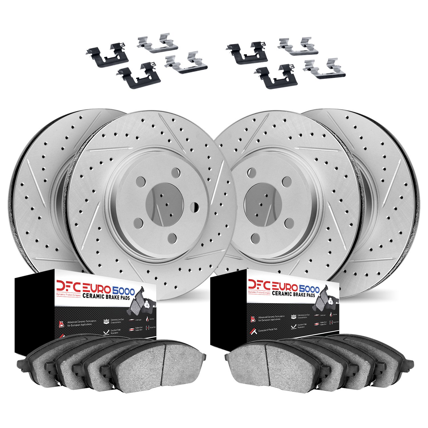 2614-27008 Geoperformance Drilled/Slotted Rotors w/5000 Euro Ceramic Brake Pads Kit & Hardware, 2017-2019 Volvo, Position: Front