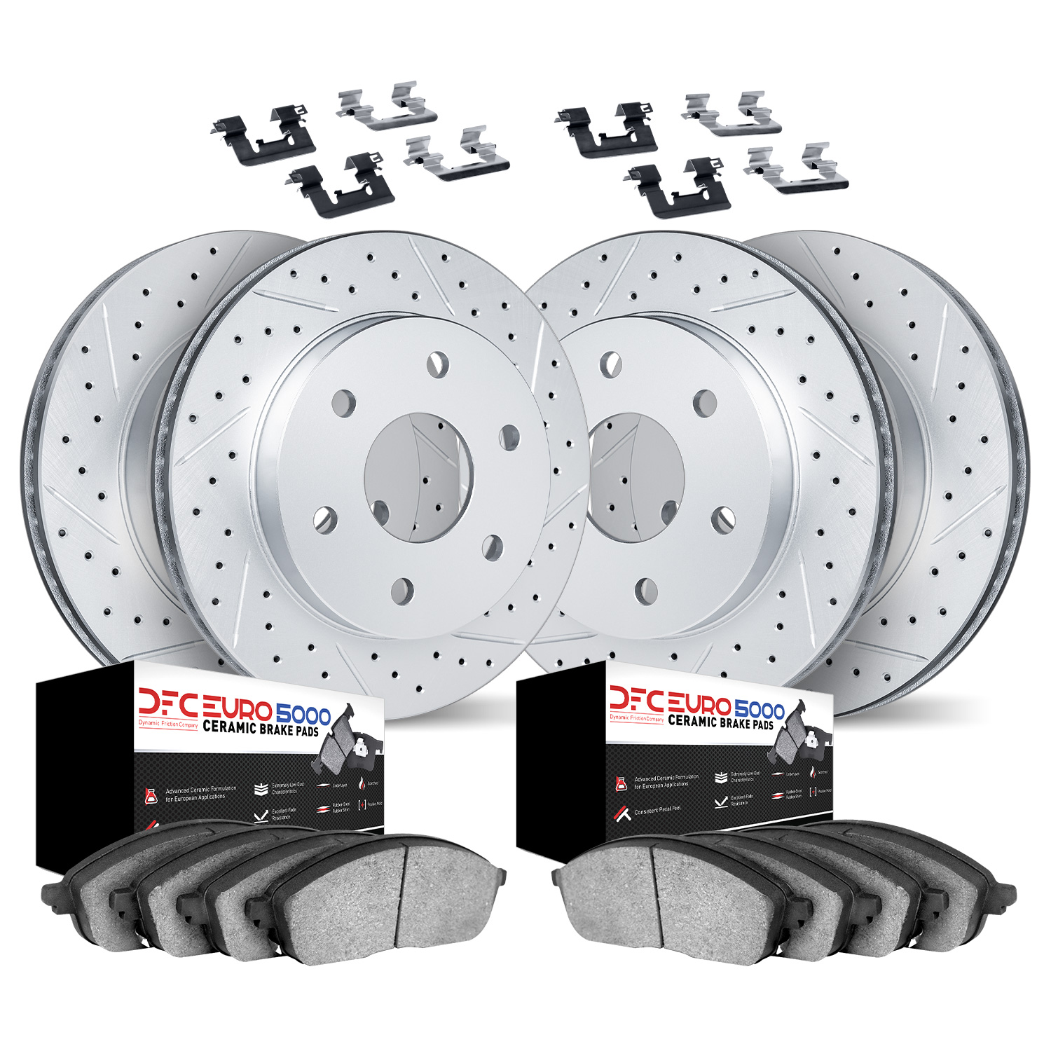 2614-46003 Geoperformance Drilled/Slotted Rotors w/5000 Euro Ceramic Brake Pads Kit & Hardware, 2004-2009 GM, Position: Front an