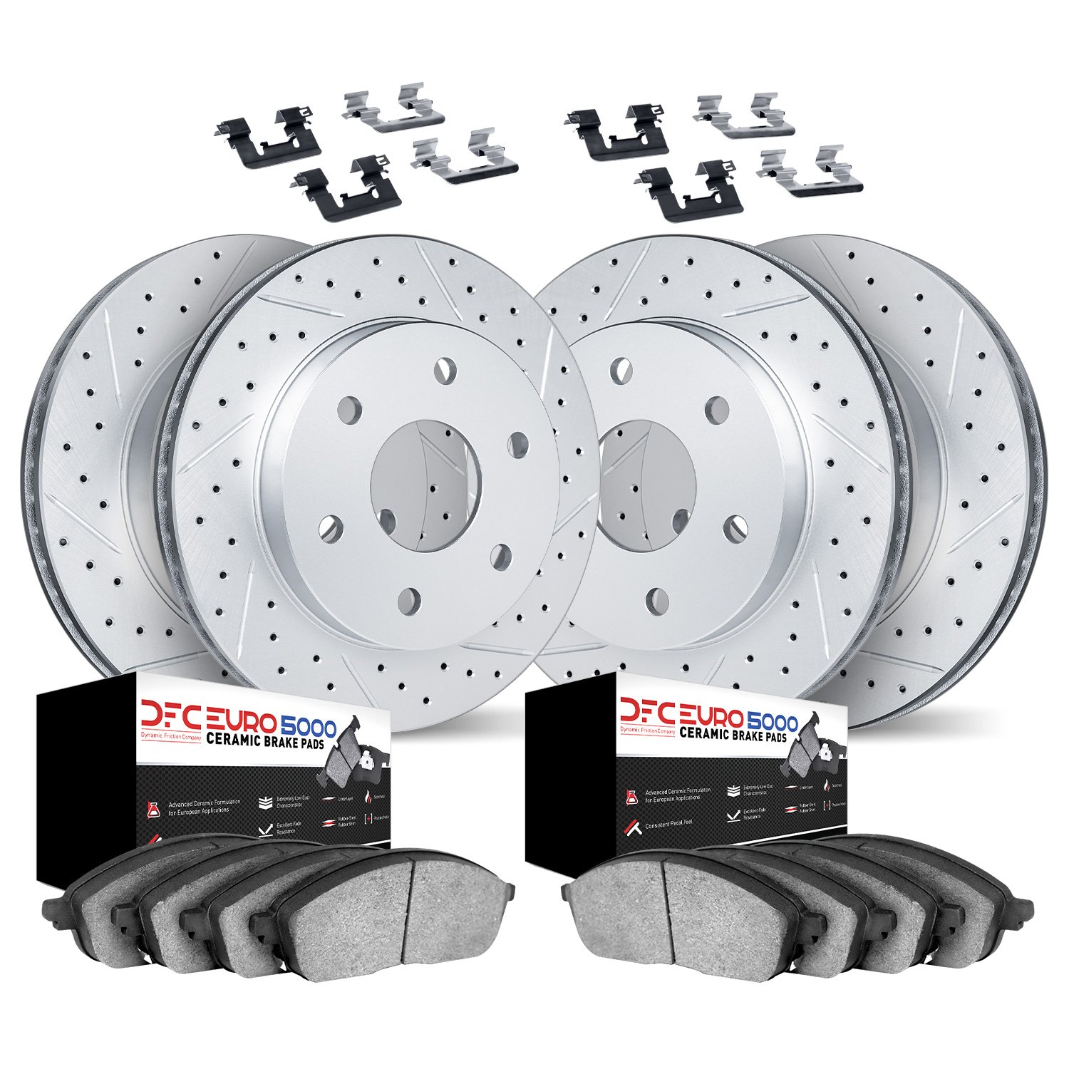 2614-47000 Geoperformance Drilled/Slotted Rotors w/5000 Euro Ceramic Brake Pads Kit & Hardware, 2006-2009 GM, Position: Front an