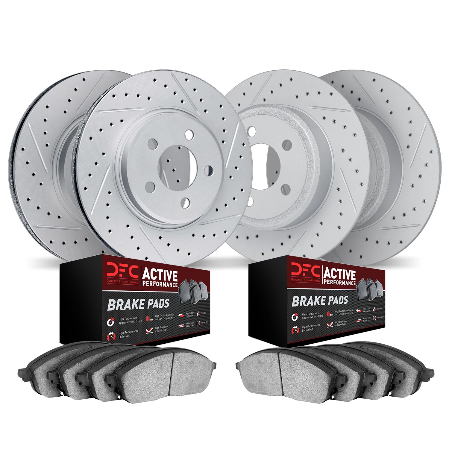 2704-13000 Geoperformance Drilled/Slotted Brake Rotors with Active Performance Pads Kit, 1998-2002 Subaru, Position: Front and R