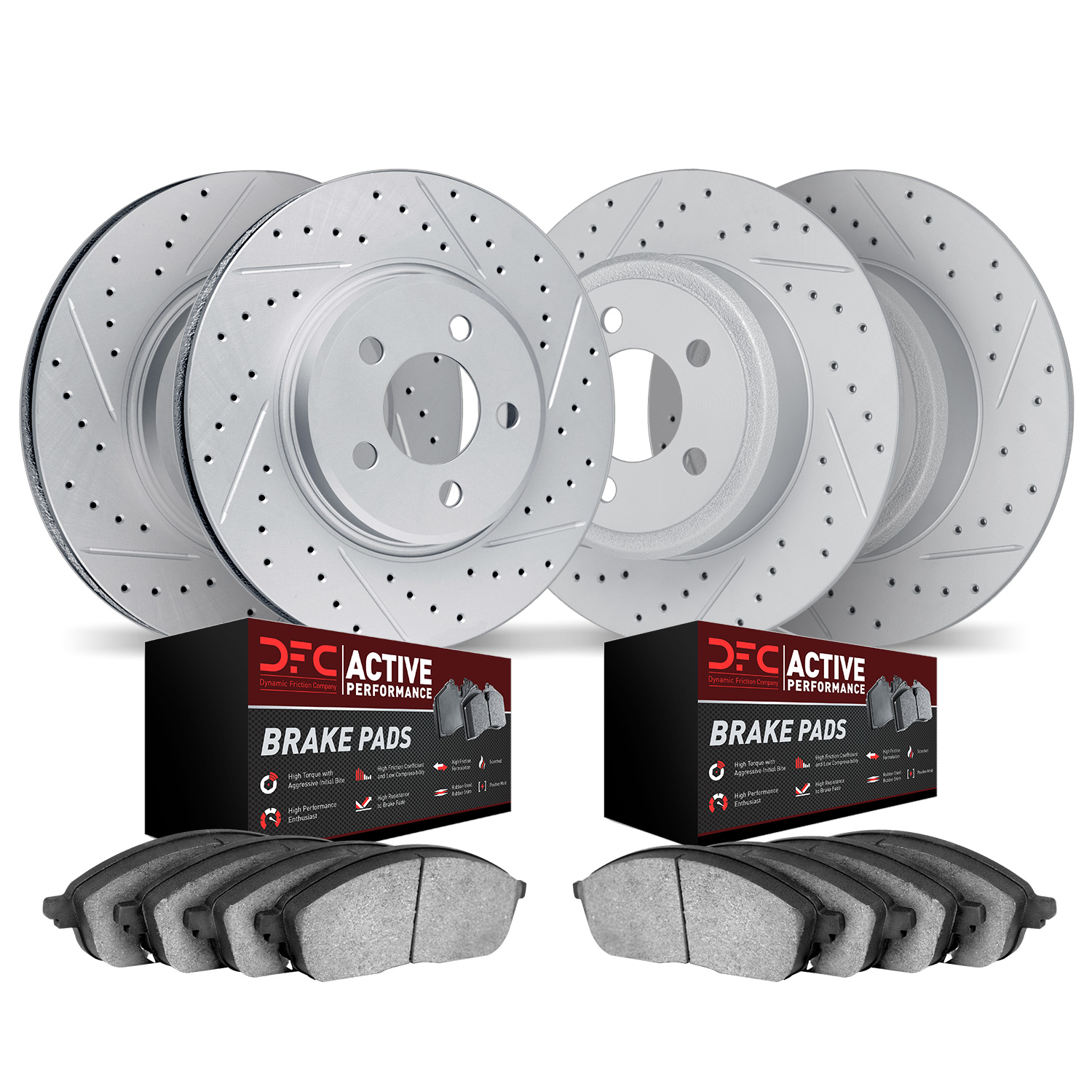 2704-13002 Geoperformance Drilled/Slotted Brake Rotors with Active Performance Pads Kit, 2002-2003 Subaru, Position: Front and R