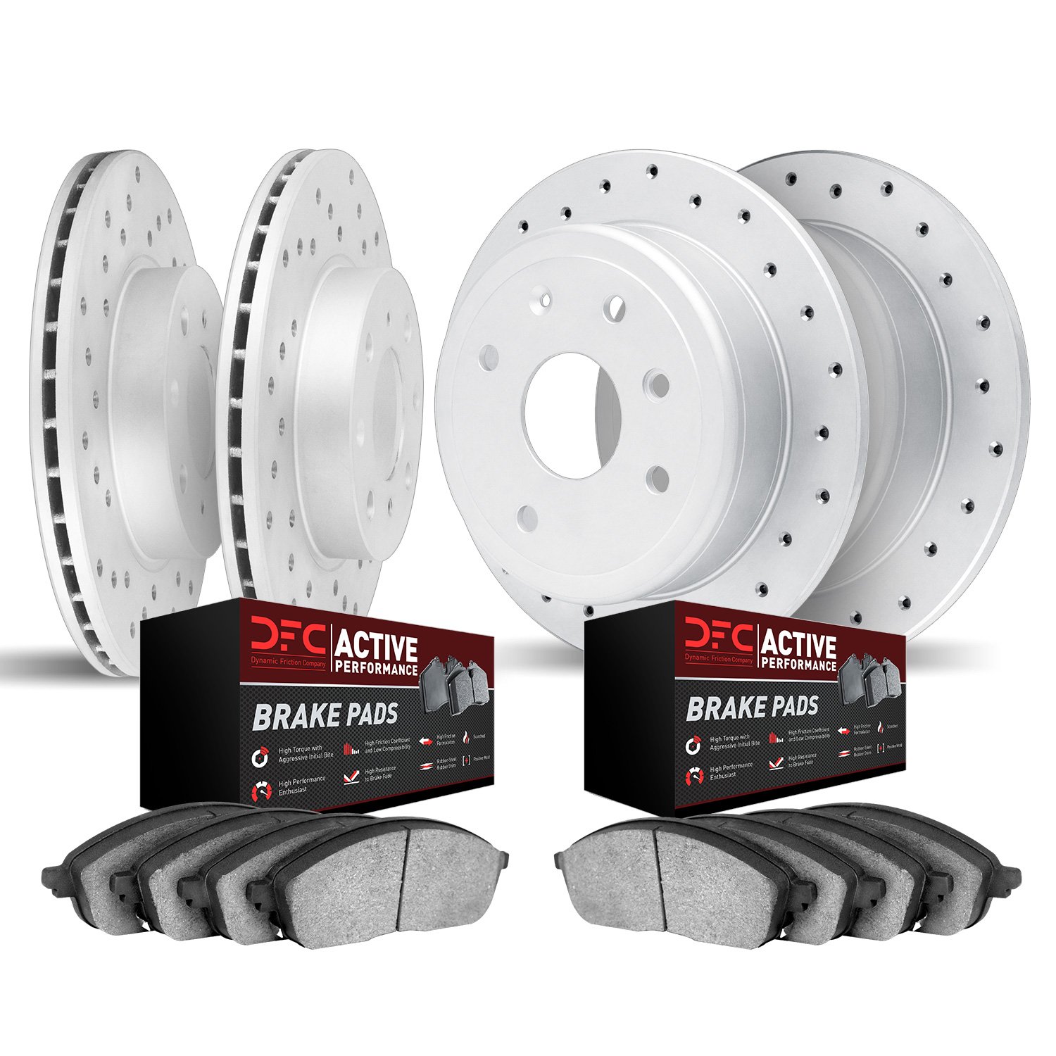 2704-31000 Geoperformance Drilled Brake Rotors with Active Performance Pads Kit, 1984-1991 BMW, Position: Front and Rear