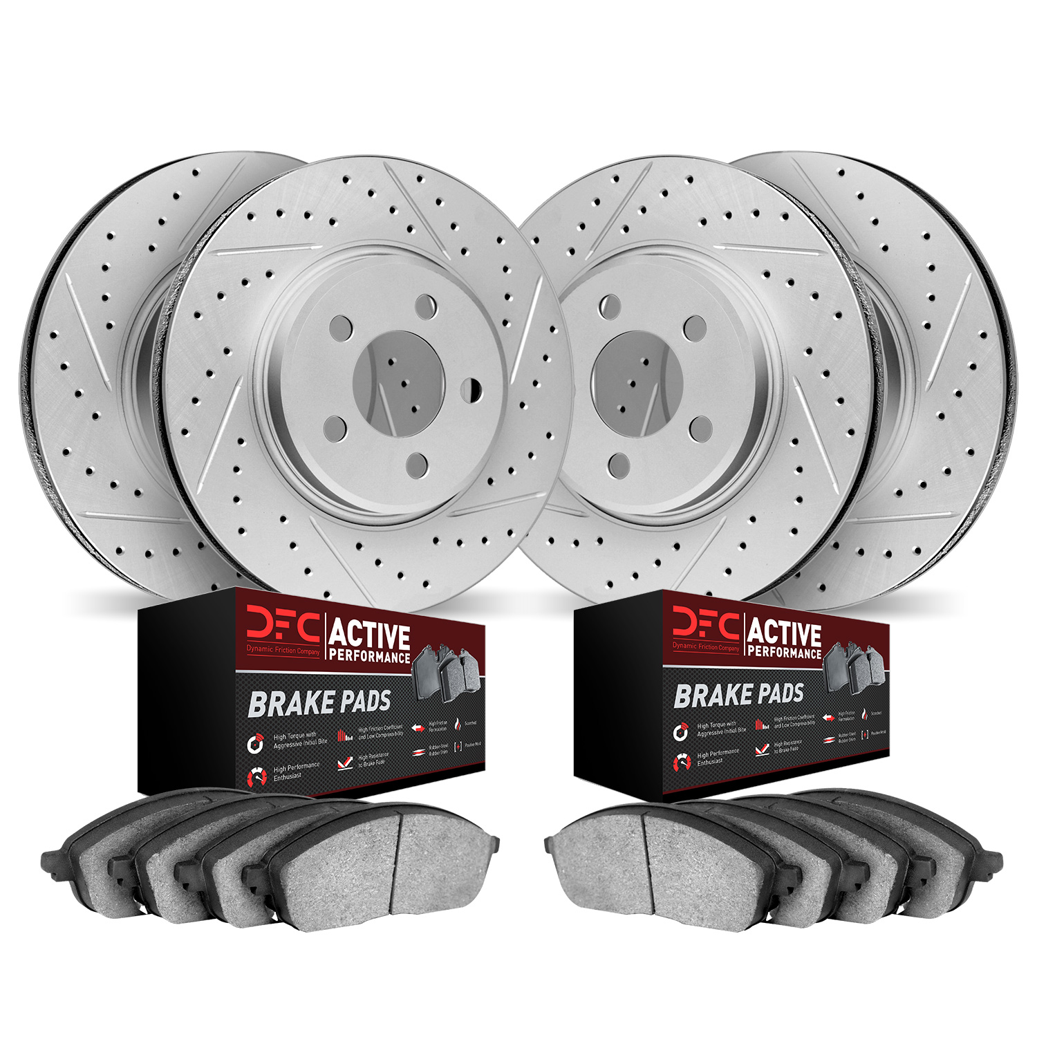 2704-31036 Geoperformance Drilled/Slotted Brake Rotors with Active Performance Pads Kit, 1999-2006 BMW, Position: Front and Rear