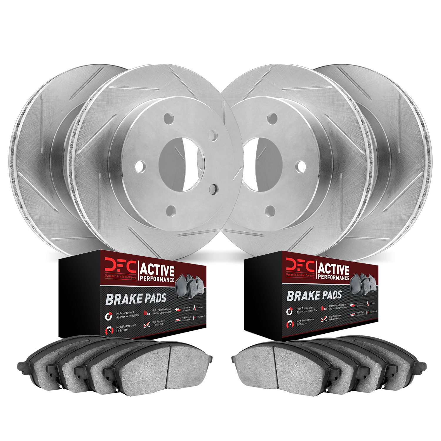 2704-31046 Geoperformance Slotted Brake Rotors with Active Performance Pads Kits, 2001-2006 BMW, Position: Front and Rear