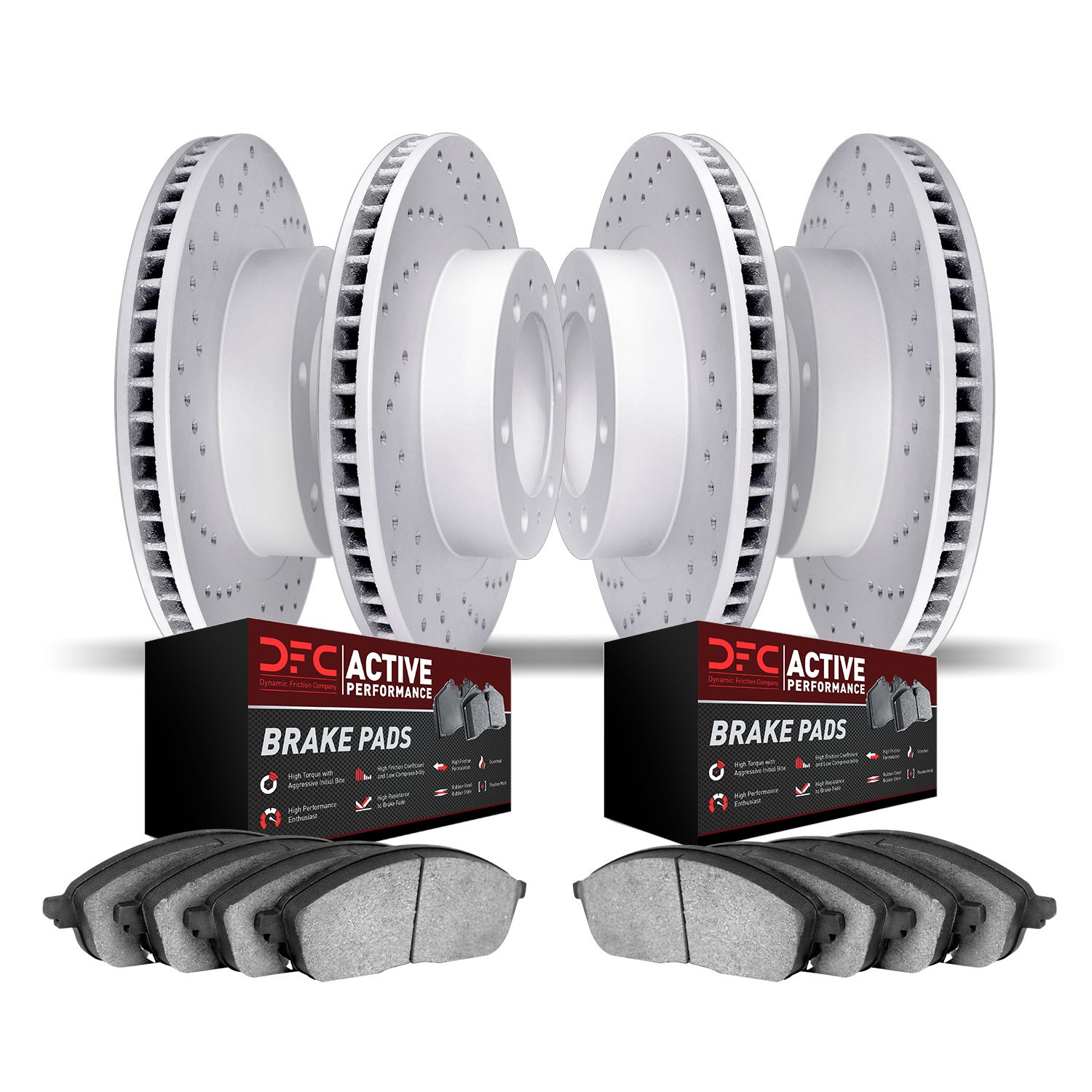 2704-46031 Geoperformance Drilled Brake Rotors with Active Performance Pads Kit, 2004-2009 GM, Position: Front and Rear
