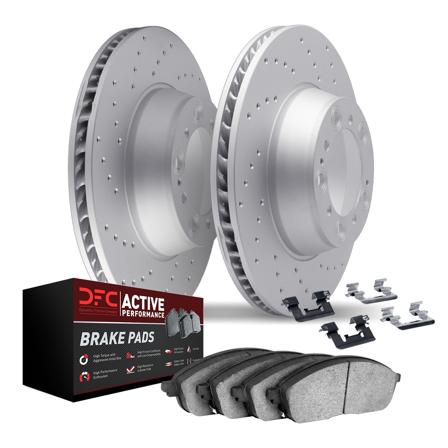 2712-02031 Geoperformance Drilled Brake Rotors with Active Performance Pads Kit & Hardware, 2014-2021 Porsche, Position: Front