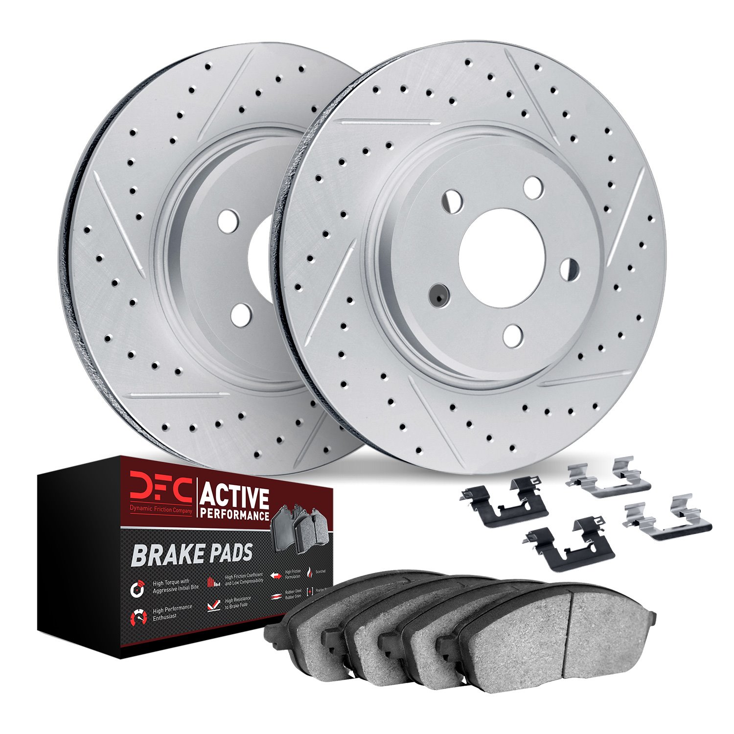 2712-42024 Geoperformance Drilled/Slotted Brake Rotors with Active Performance Pads Kit & Hardware, 2012-2018 Mopar, Position: F