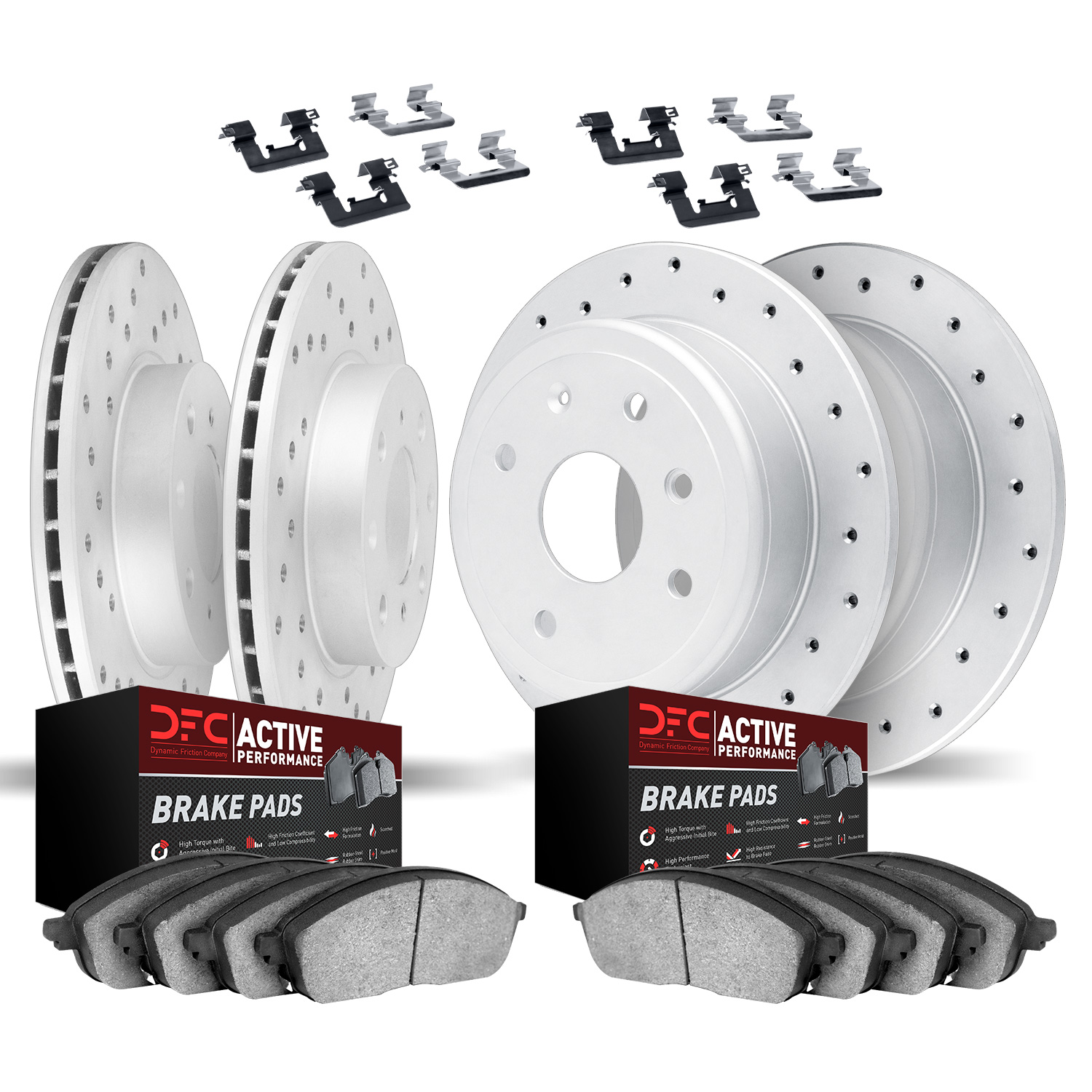 2714-31000 Geoperformance Drilled Brake Rotors with Active Performance Pads Kit & Hardware, 1984-1991 BMW, Position: Front and R