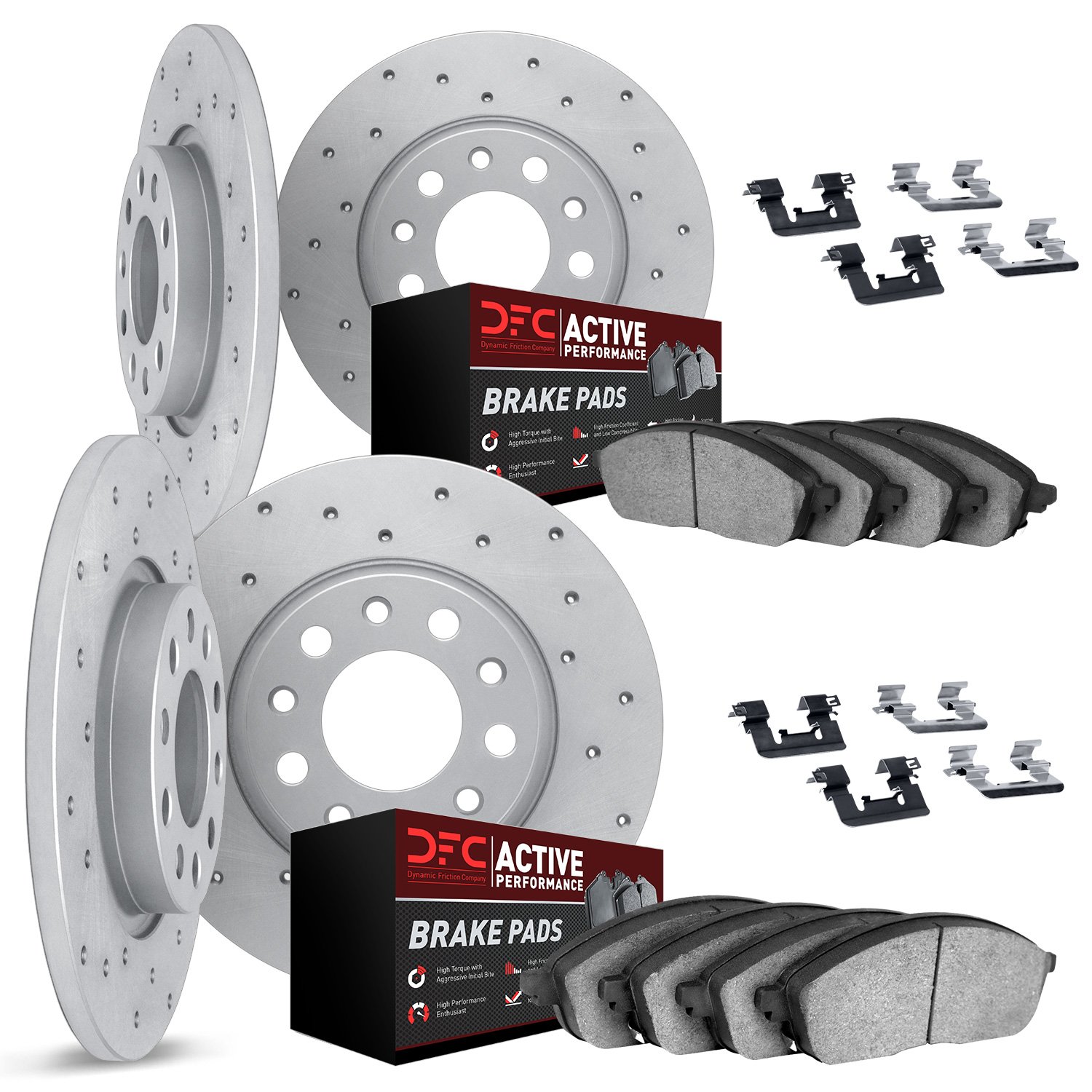 2714-31032 Geoperformance Drilled Brake Rotors with Active Performance Pads Kit & Hardware, 1996-1998 BMW, Position: Front and R