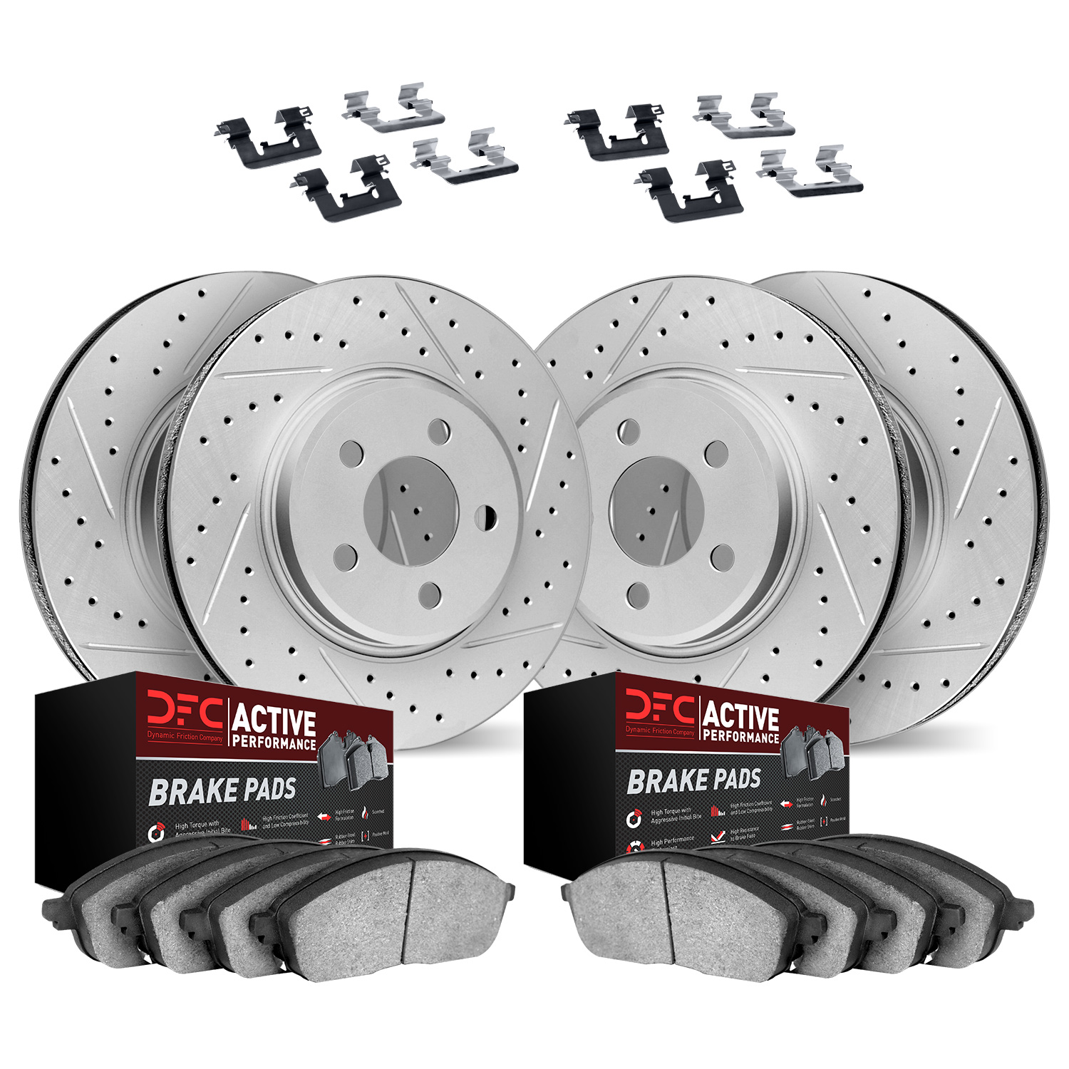 2714-46006 Geoperformance Drilled/Slotted Brake Rotors with Active Performance Pads Kit & Hardware, 2010-2013 GM, Position: Fron