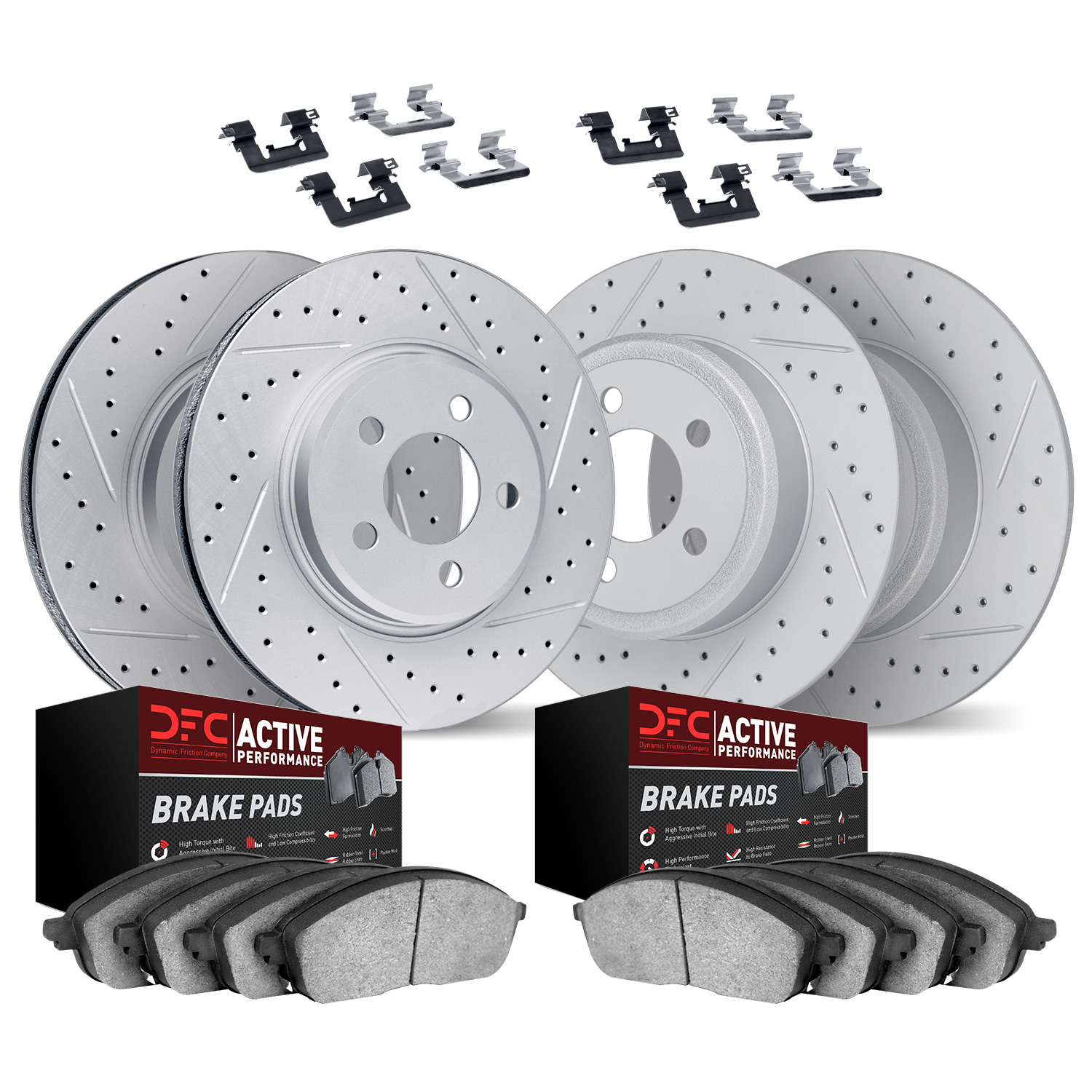 2714-47013 Geoperformance Drilled/Slotted Brake Rotors with Active Performance Pads Kit & Hardware, 2008-2008 GM, Position: Fron