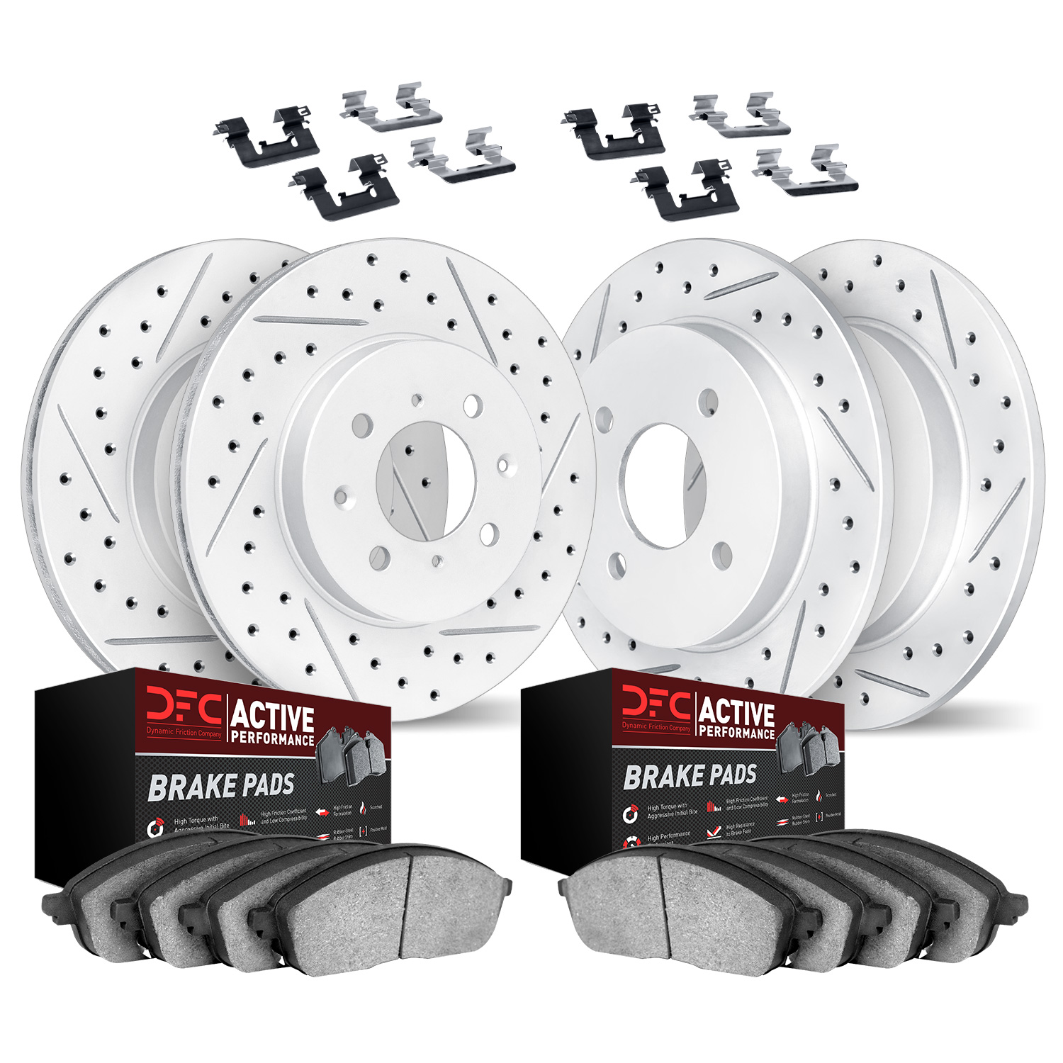 2714-59006 Geoperformance Drilled/Slotted Brake Rotors with Active Performance Pads Kit & Hardware, 1999-2000 Acura/Honda, Posit