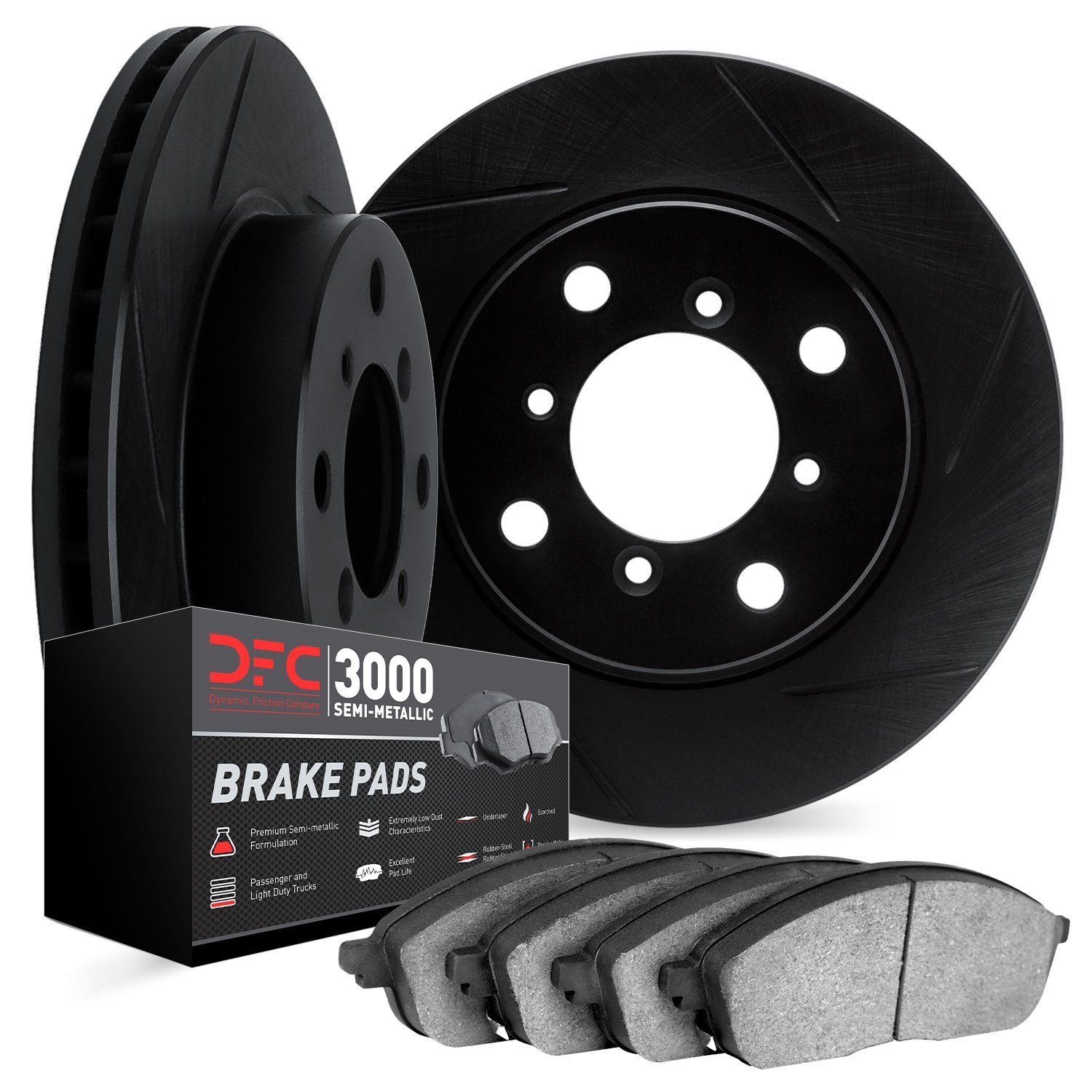 3102-47009 Slotted Brake Rotors with 3000-Series Semi-Metallic Brake Pads Kit [Black], 1999-2003 GM, Position: Front