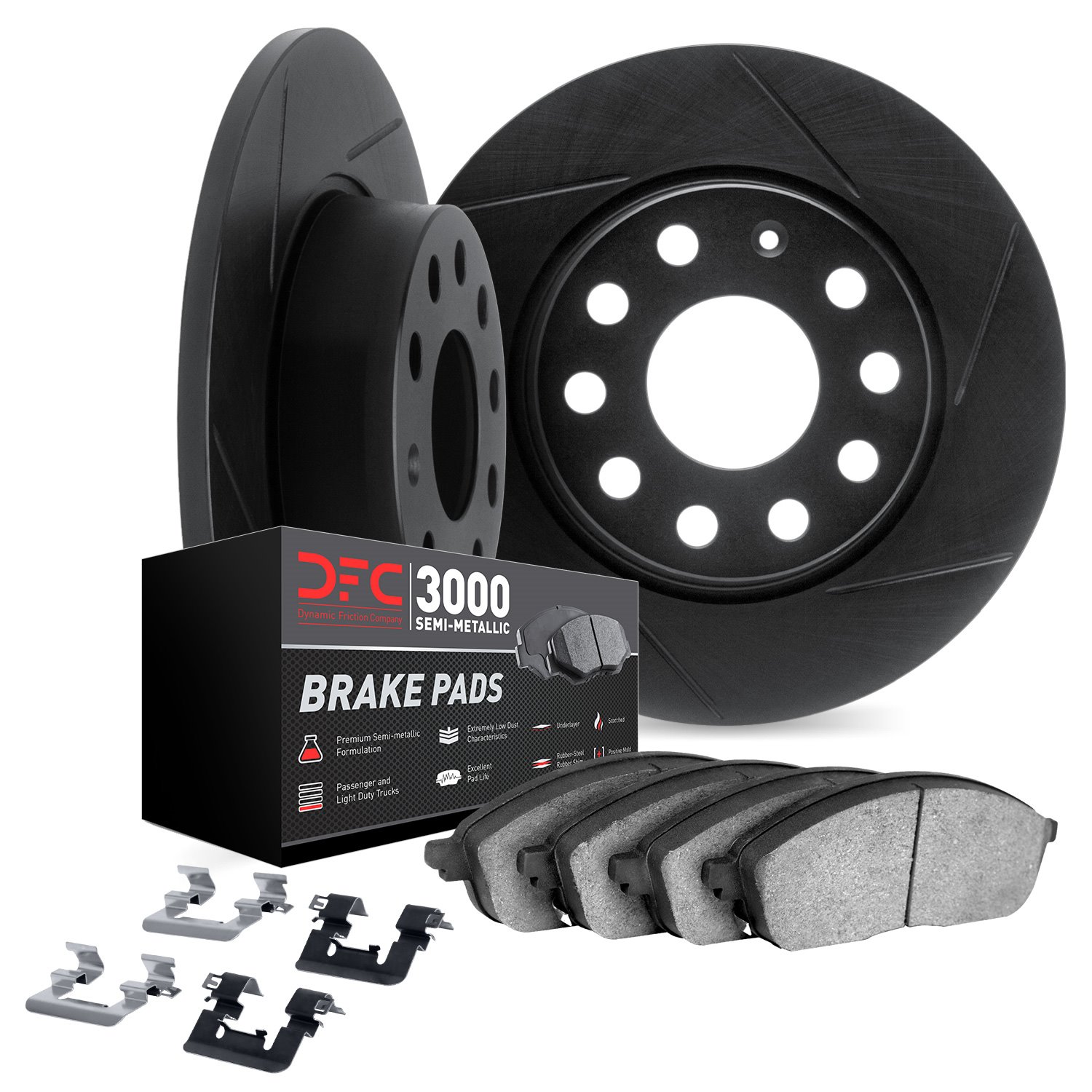 3112-11002 Slotted Brake Rotors with 3000-Series Semi-Metallic Brake Pads Kit & Hardware [Black], 1987-1995 Land Rover, Position