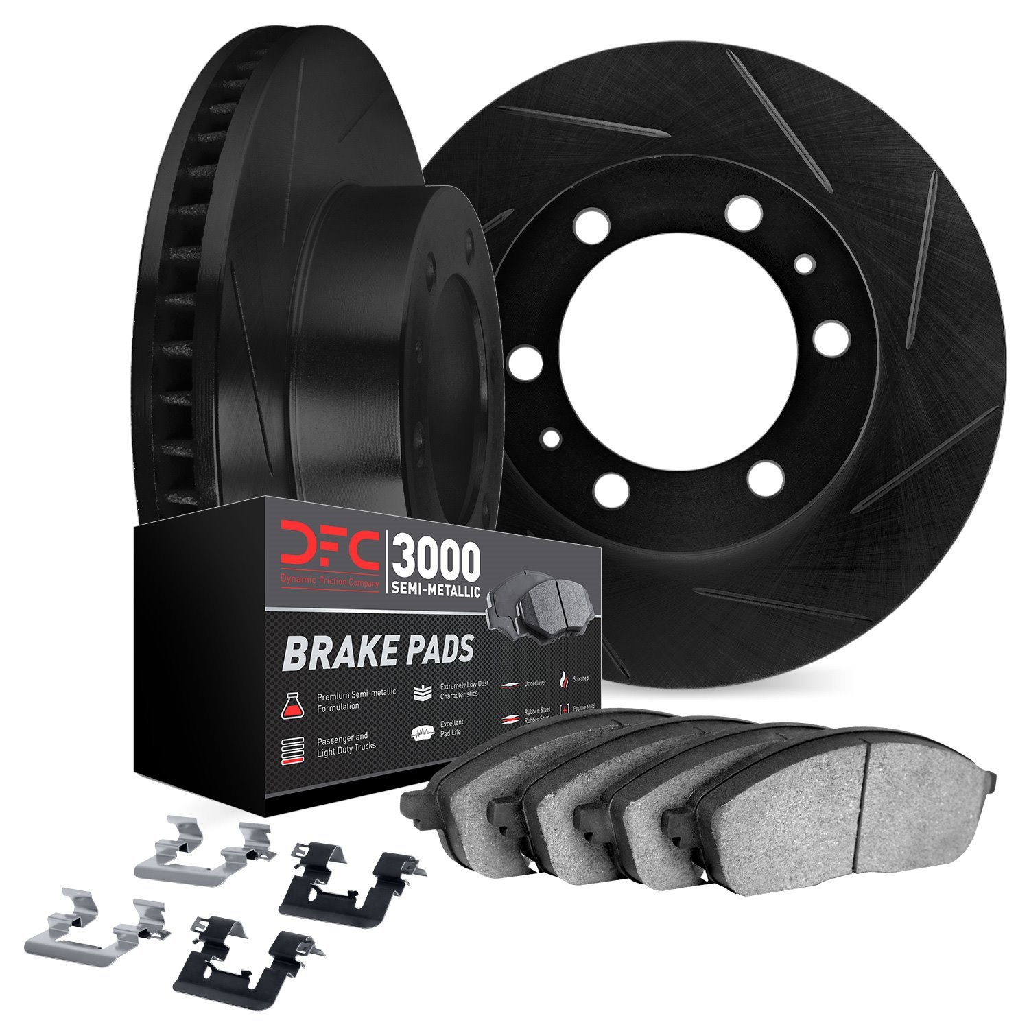 3112-40055 Slotted Brake Rotors with 3000-Series Semi-Metallic Brake Pads Kit & Hardware [Black], 1991-1996 Mopar, Position: Fro