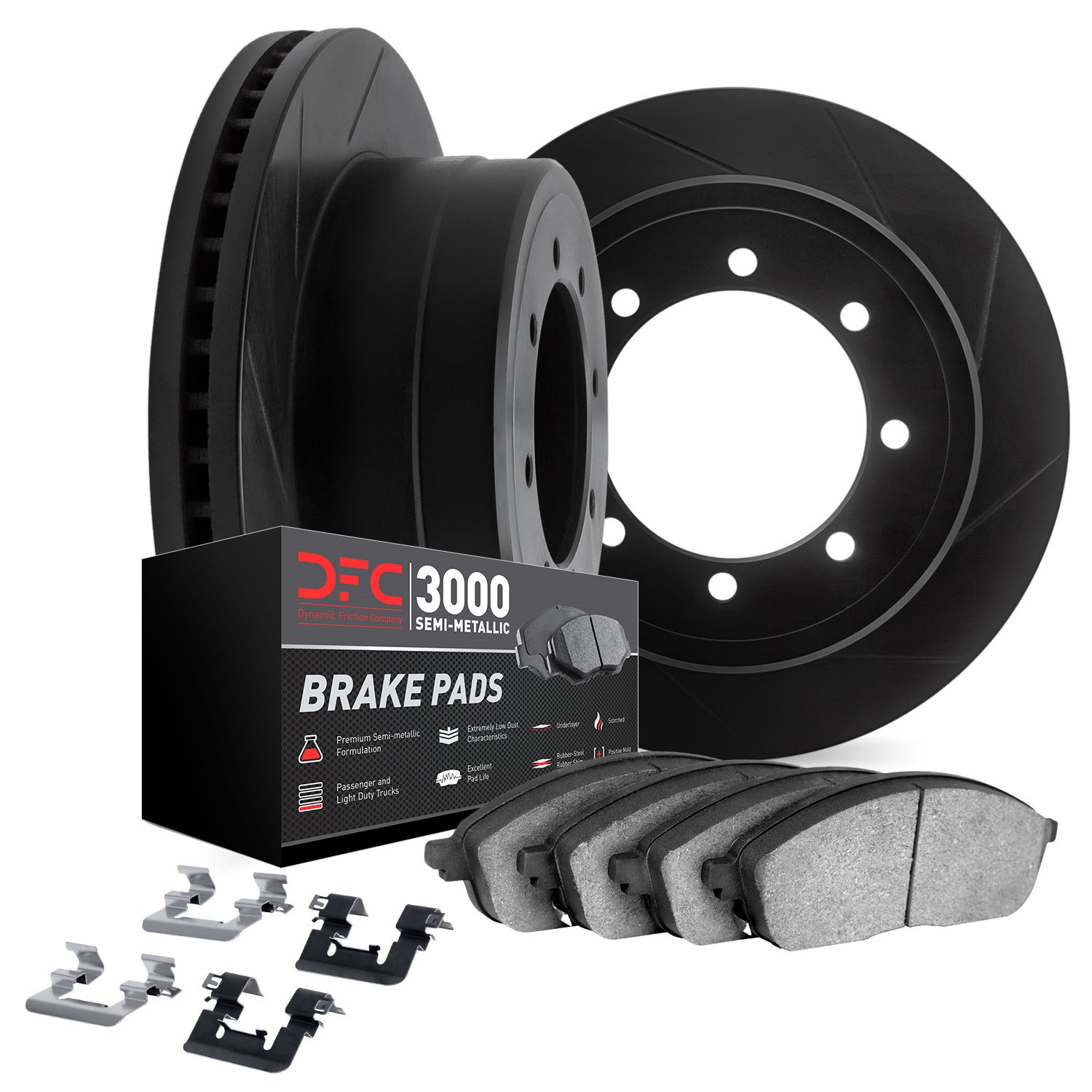 3112-48050 Slotted Brake Rotors with 3000-Series Semi-Metallic Brake Pads Kit & Hardware [Black], 2001-2010 GM, Position: Rear