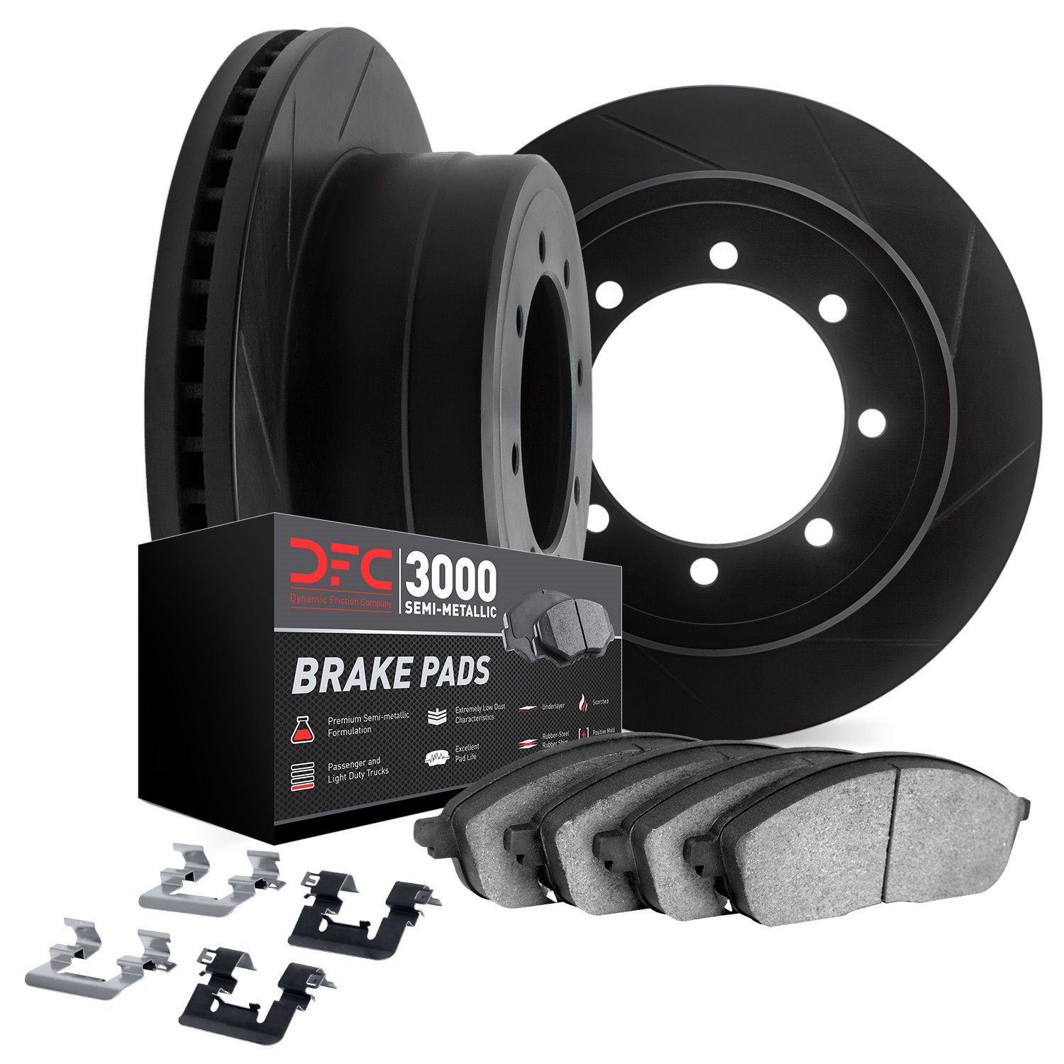 3112-48068 Slotted Brake Rotors with 3000-Series Semi-Metallic Brake Pads Kit & Hardware [Black], 2011-2019 GM, Position: Front
