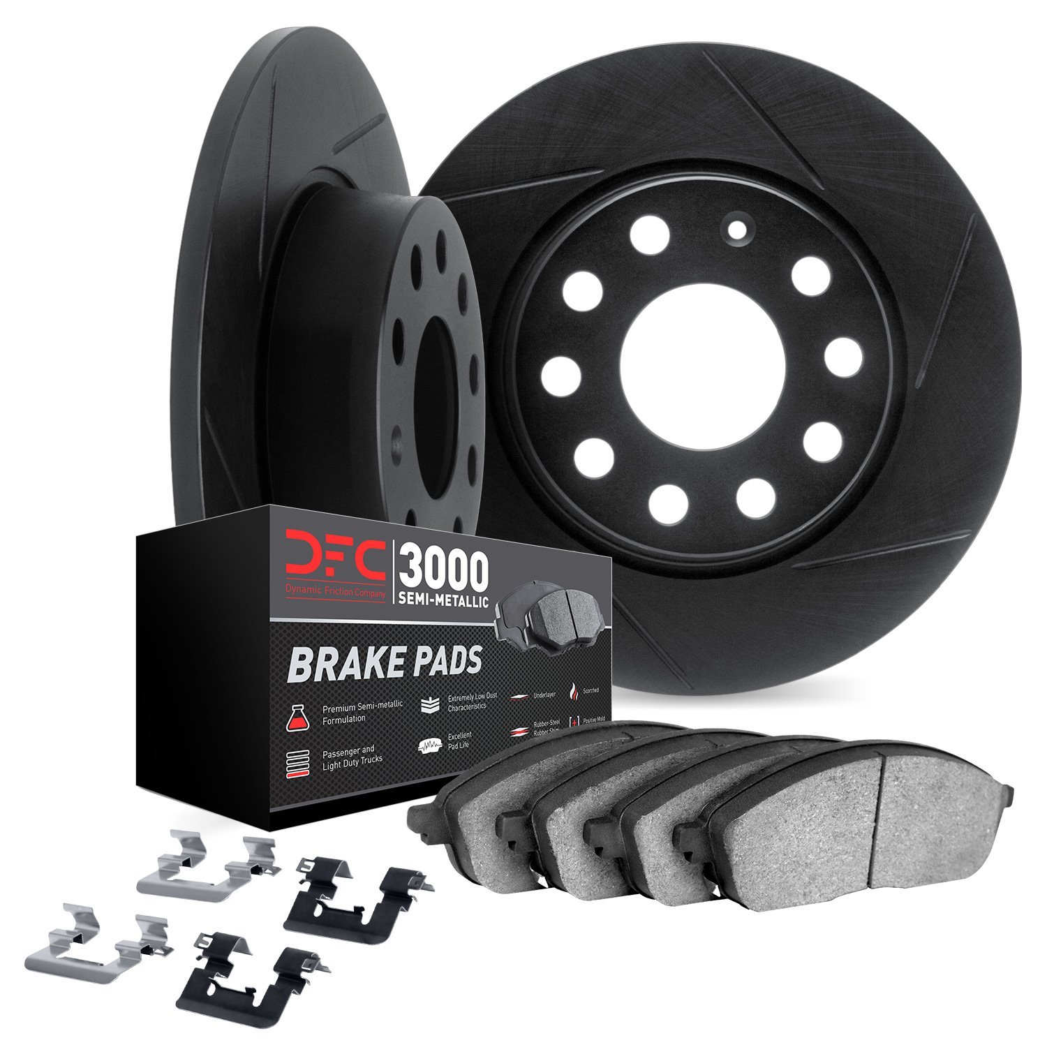 3112-63083 Slotted Brake Rotors with 3000-Series Semi-Metallic Brake Pads Kit & Hardware [Black], 2000-2005 Mercedes-Benz, Posit