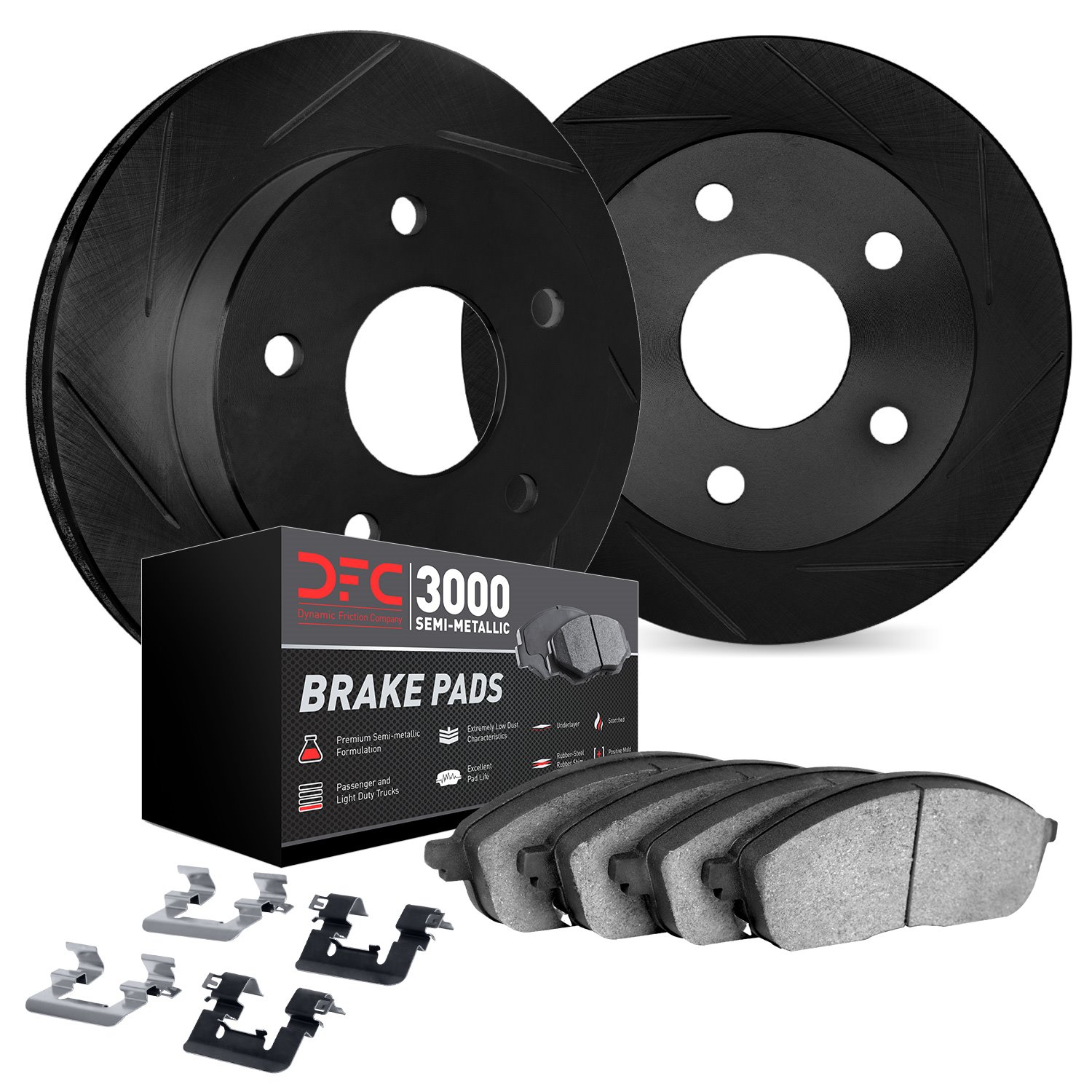 3112-67099 Slotted Brake Rotors with 3000-Series Semi-Metallic Brake Pads Kit & Hardware [Black], 2008-2013 Infiniti/Nissan, Pos