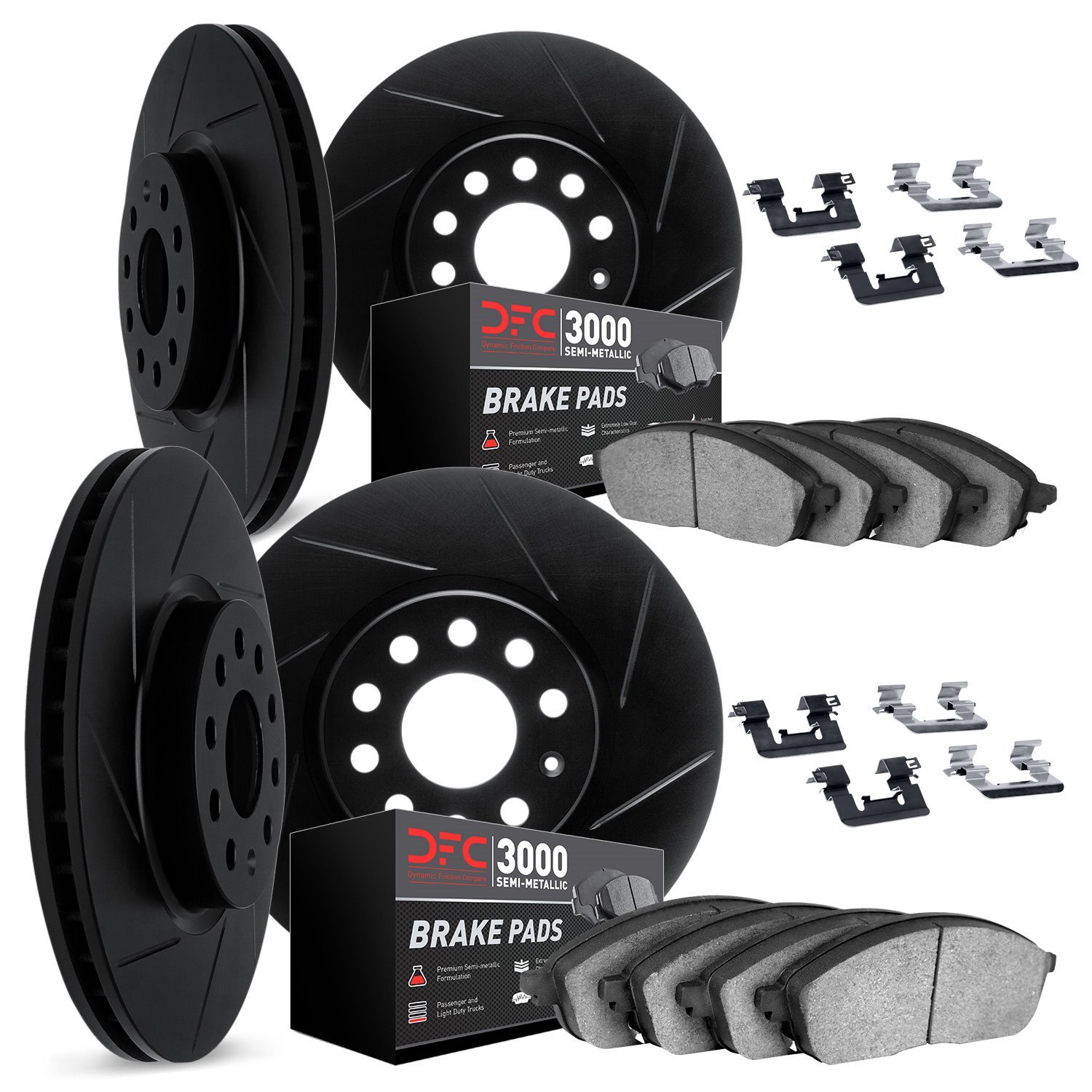 3114-11008 Slotted Brake Rotors with 3000-Series Semi-Metallic Brake Pads Kit & Hardware [Black], 2005-2009 Land Rover, Position