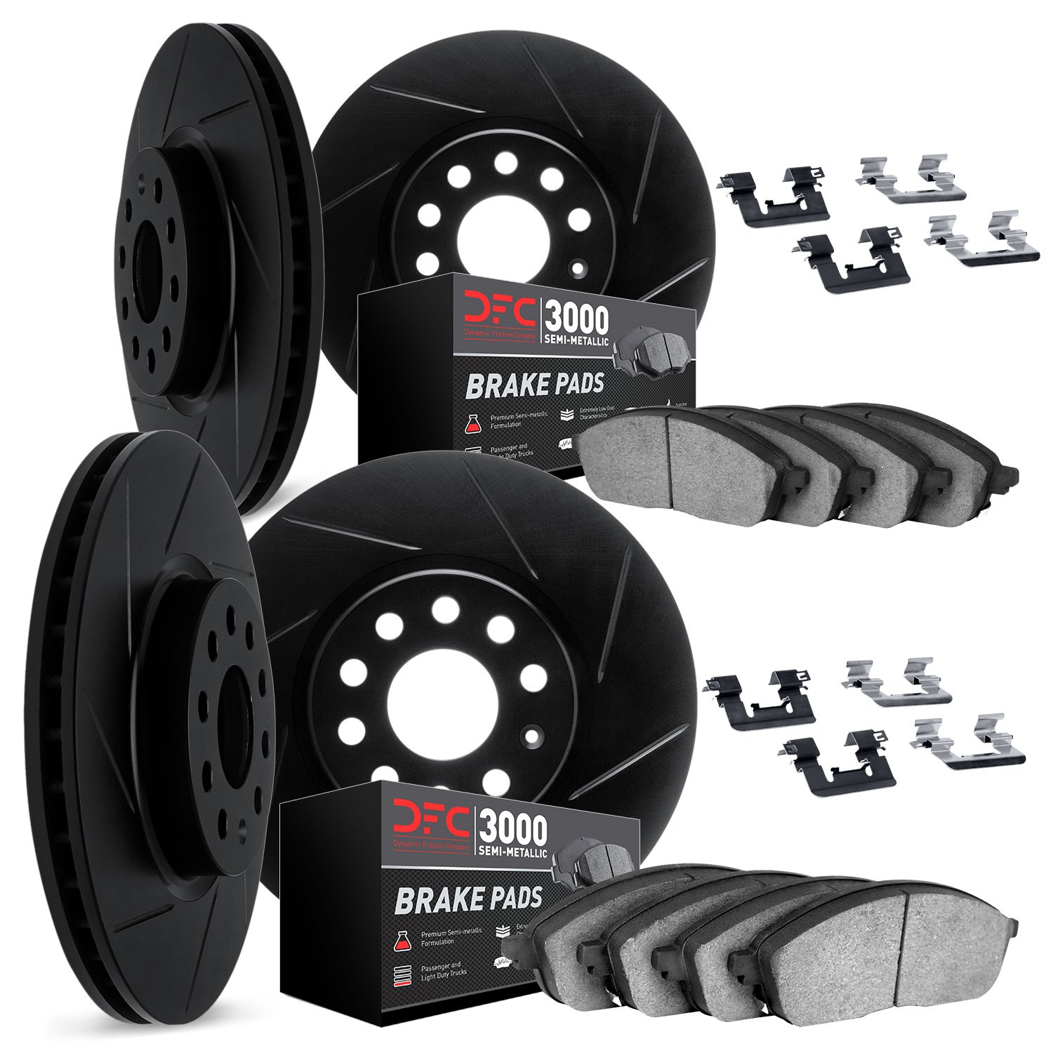 3114-31086 Slotted Brake Rotors with 3000-Series Semi-Metallic Brake Pads Kit & Hardware [Black], 2011-2018 BMW, Position: Front