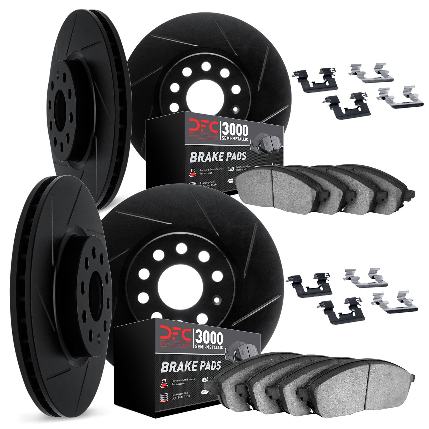 3114-48002 Slotted Brake Rotors with 3000-Series Semi-Metallic Brake Pads Kit & Hardware [Black], 1997-2005 GM, Position: Front