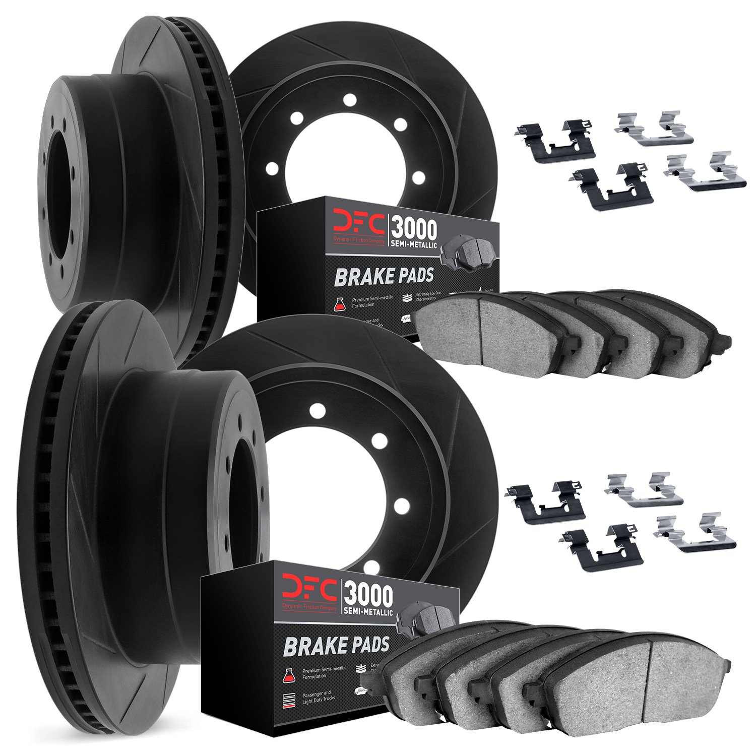 3114-48011 Slotted Brake Rotors with 3000-Series Semi-Metallic Brake Pads Kit & Hardware [Black], 2001-2003 GM, Position: Front