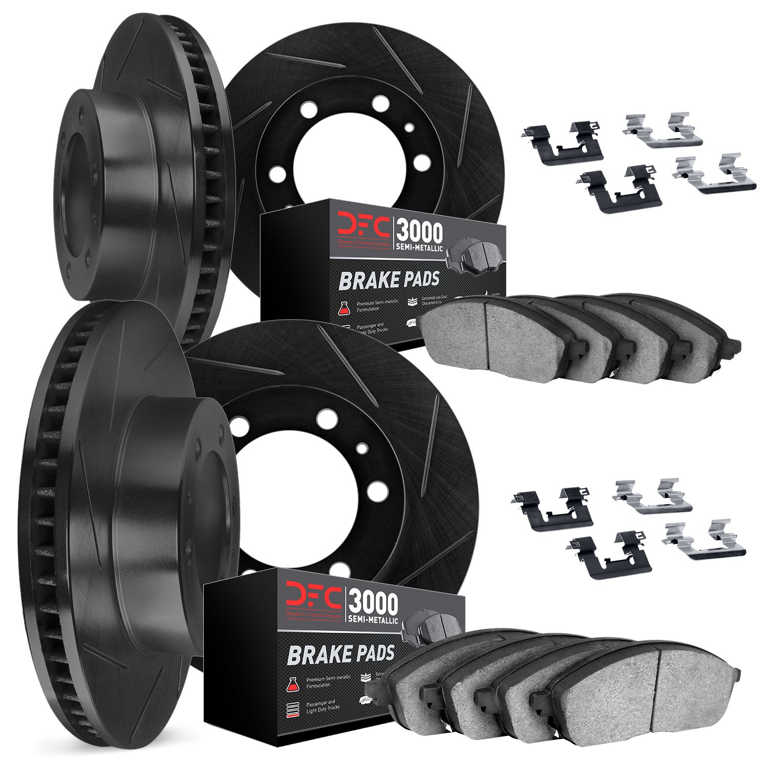 3114-48020 Slotted Brake Rotors with 3000-Series Semi-Metallic Brake Pads Kit & Hardware [Black], 2000-2006 GM, Position: Front