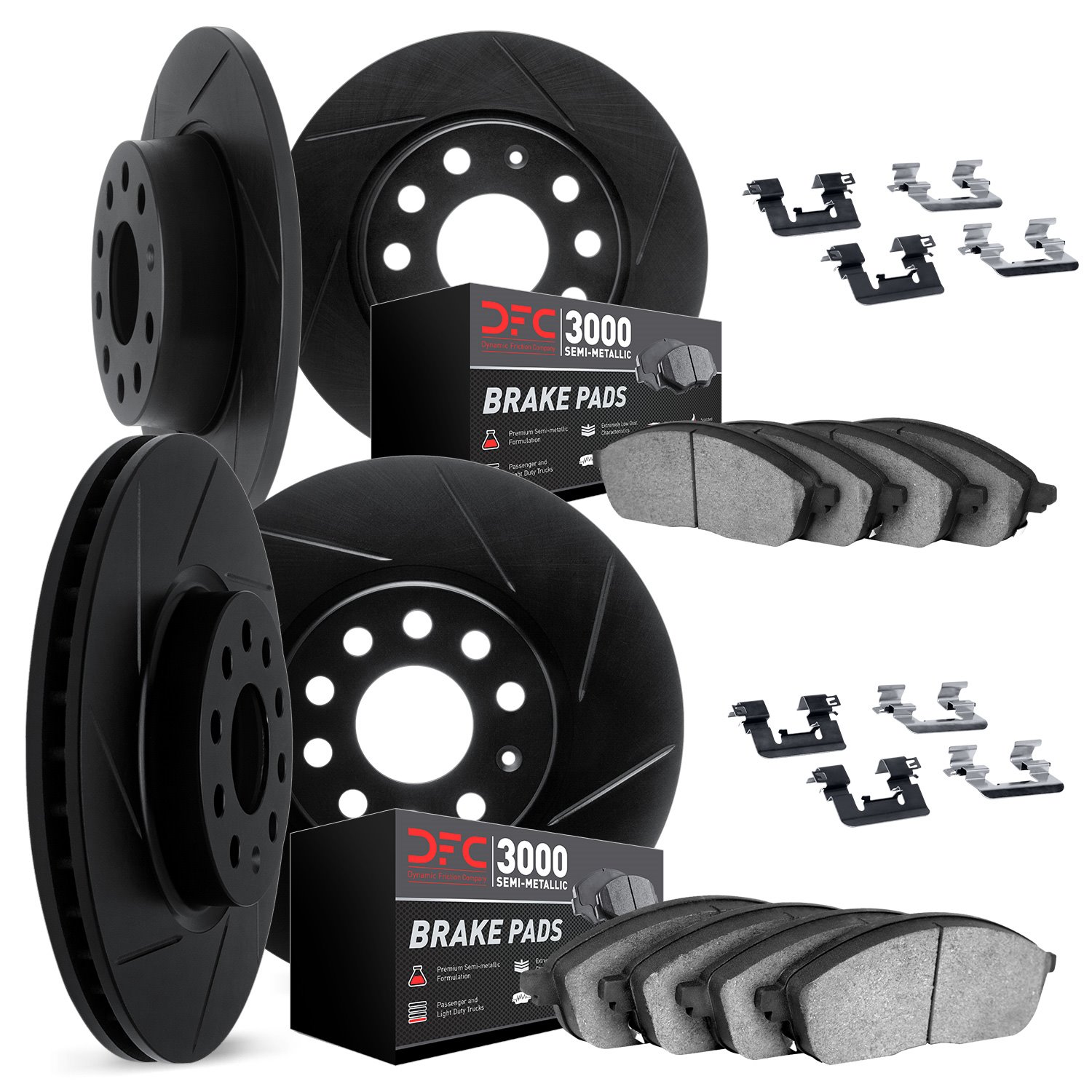 3114-63080 Slotted Brake Rotors with 3000-Series Semi-Metallic Brake Pads Kit & Hardware [Black], 1998-2005 Mercedes-Benz, Posit