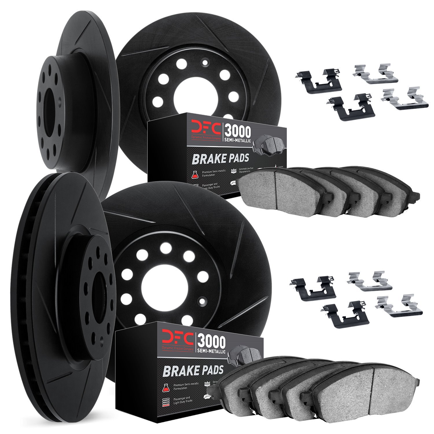 3114-63082 Slotted Brake Rotors with 3000-Series Semi-Metallic Brake Pads Kit & Hardware [Black], 2000-2005 Mercedes-Benz, Posit