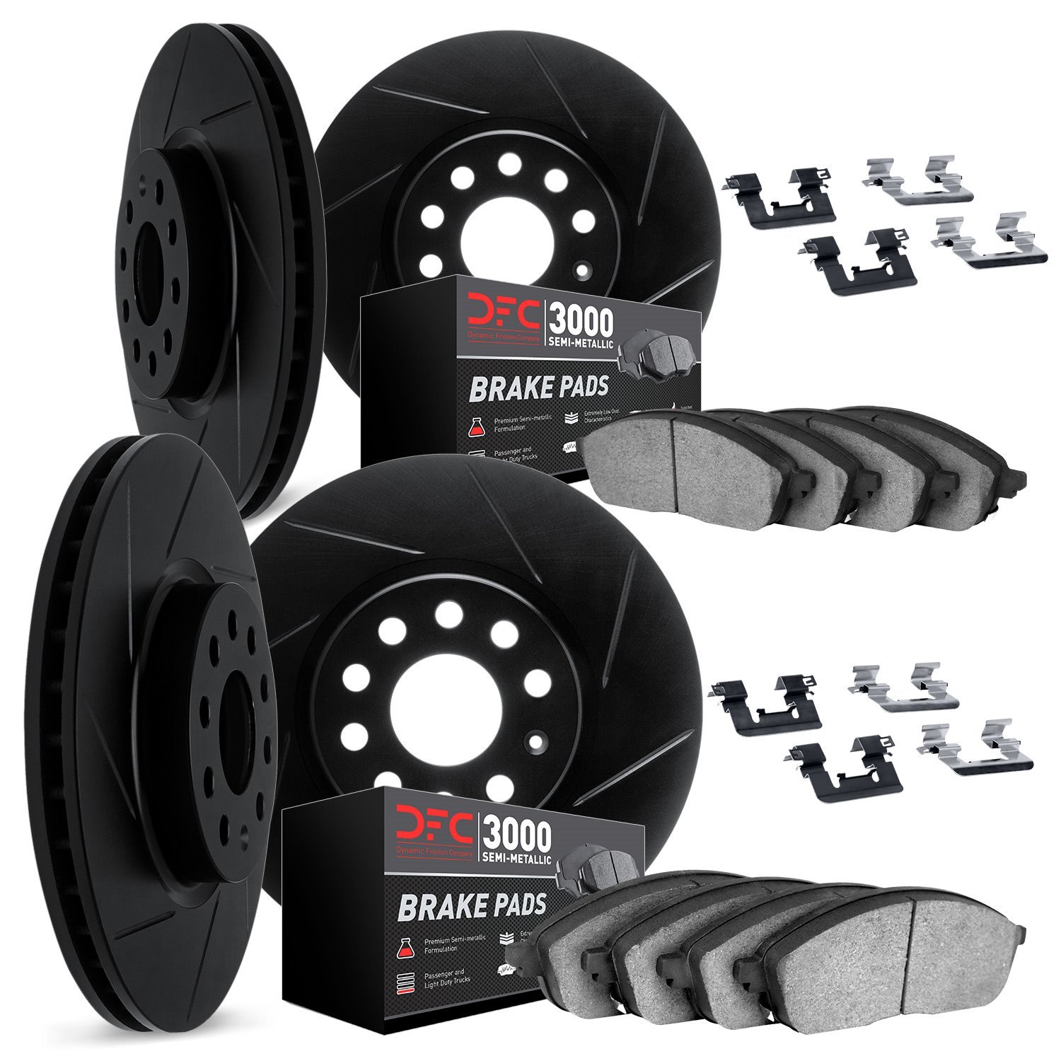 3114-68006 Slotted Brake Rotors with 3000-Series Semi-Metallic Brake Pads Kit & Hardware [Black], 2005-2014 Infiniti/Nissan, Pos