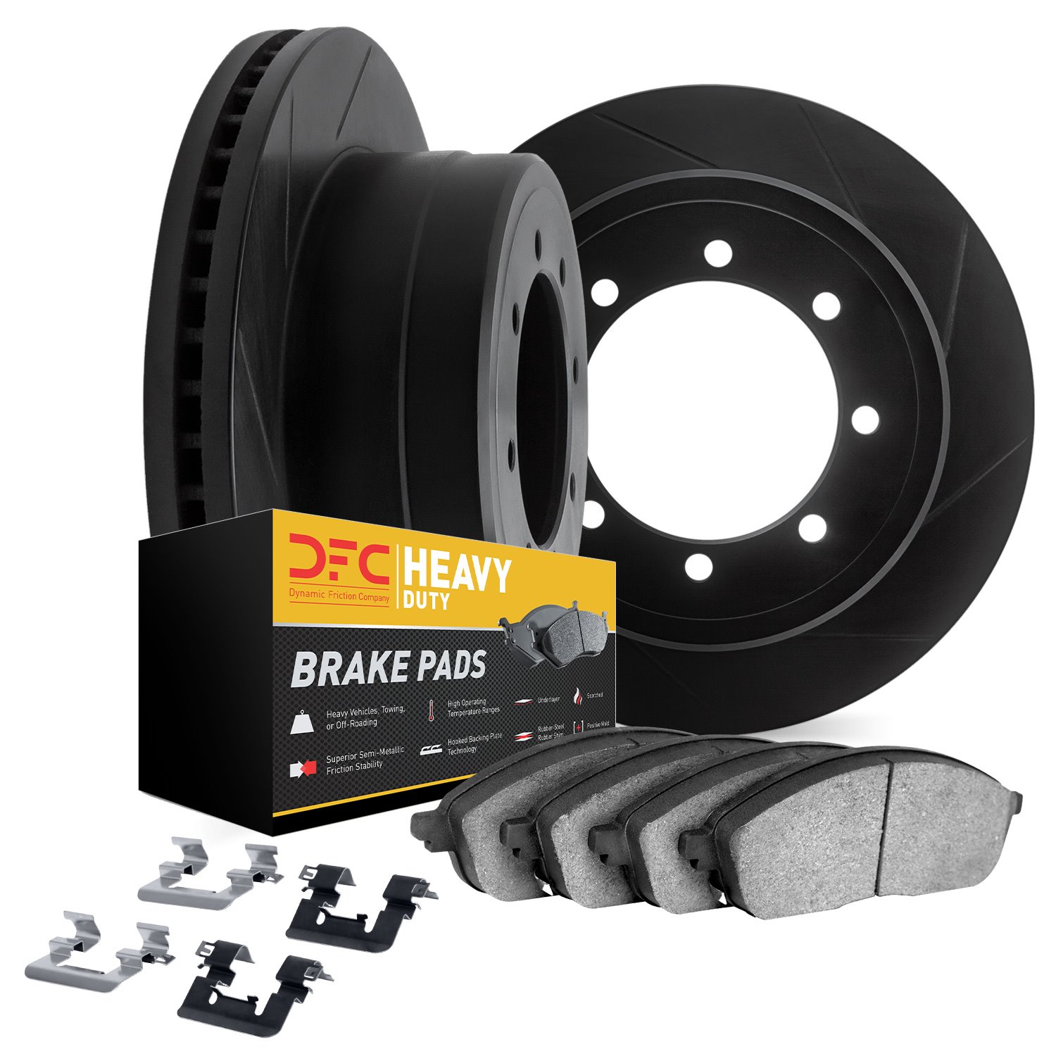 3212-40114 Slotted Brake Rotors w/Heavy-Duty Brake Pads Kit & Hardware [Black], 1990-1993 Mopar, Position: Front