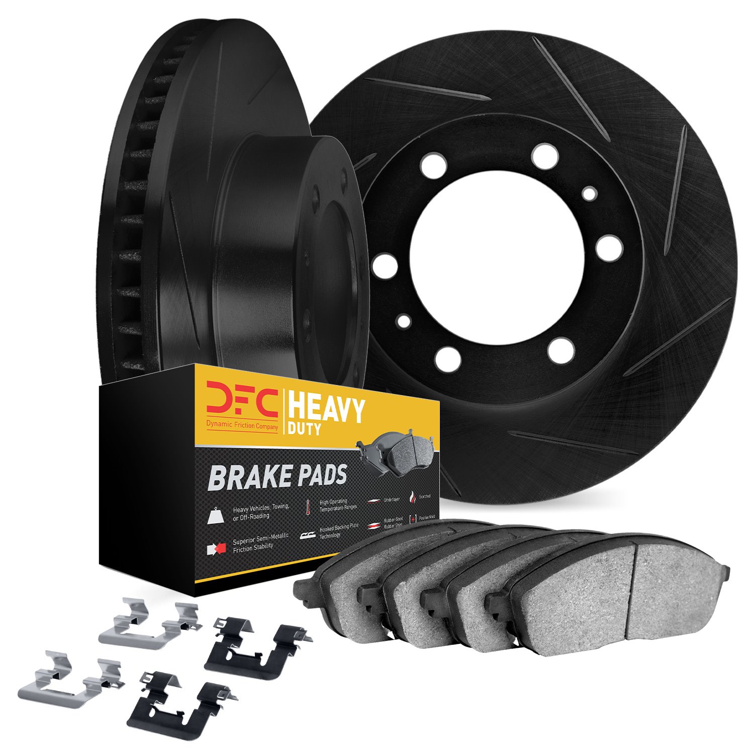 3212-40137 Slotted Brake Rotors w/Heavy-Duty Brake Pads Kit & Hardware [Black], 1991-1996 Mopar, Position: Front