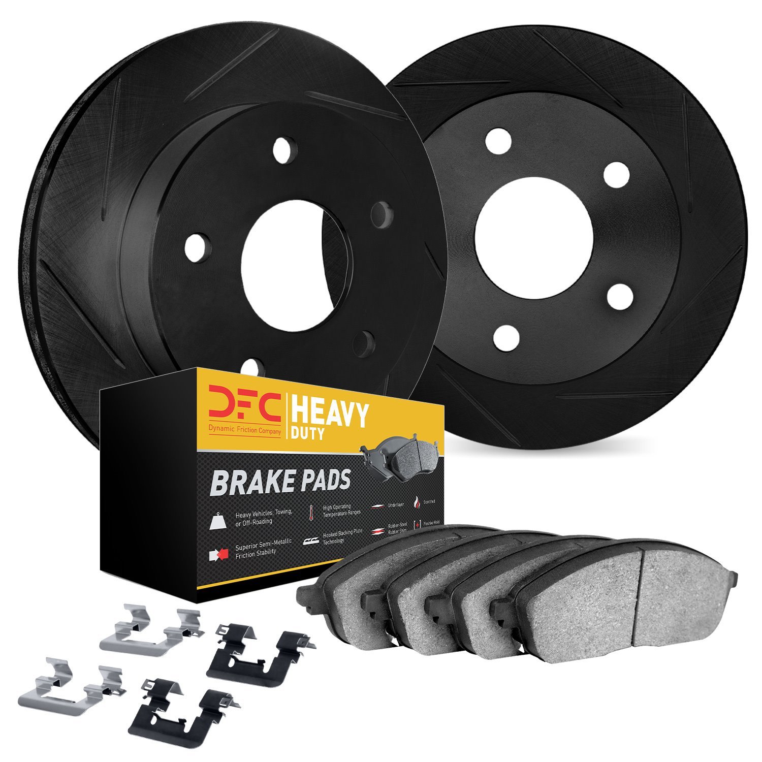 3212-40172 Slotted Brake Rotors w/Heavy-Duty Brake Pads Kit & Hardware [Black], 2002-2018 Mopar, Position: Rear