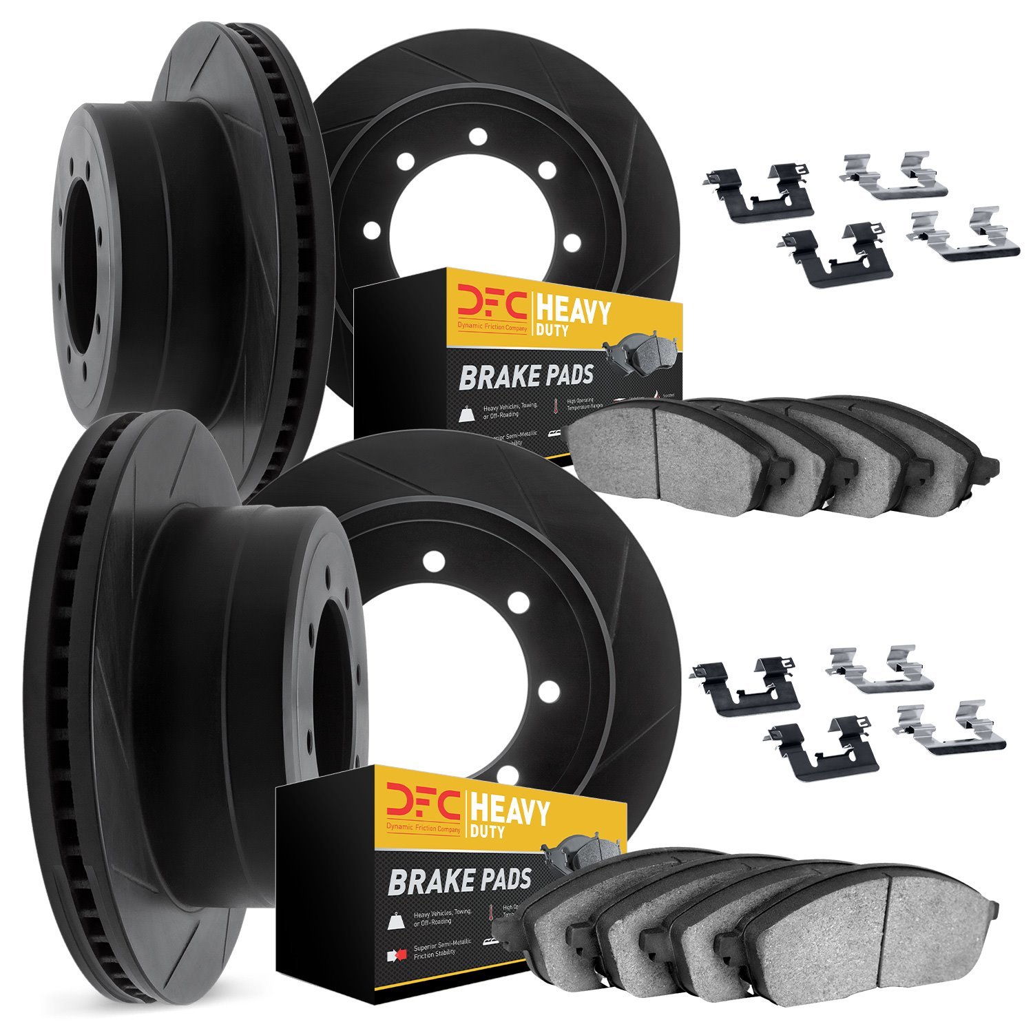 3214-40247 Slotted Brake Rotors w/Heavy-Duty Brake Pads Kit & Hardware [Black], 2009-2018 Mopar, Position: Front and Rear