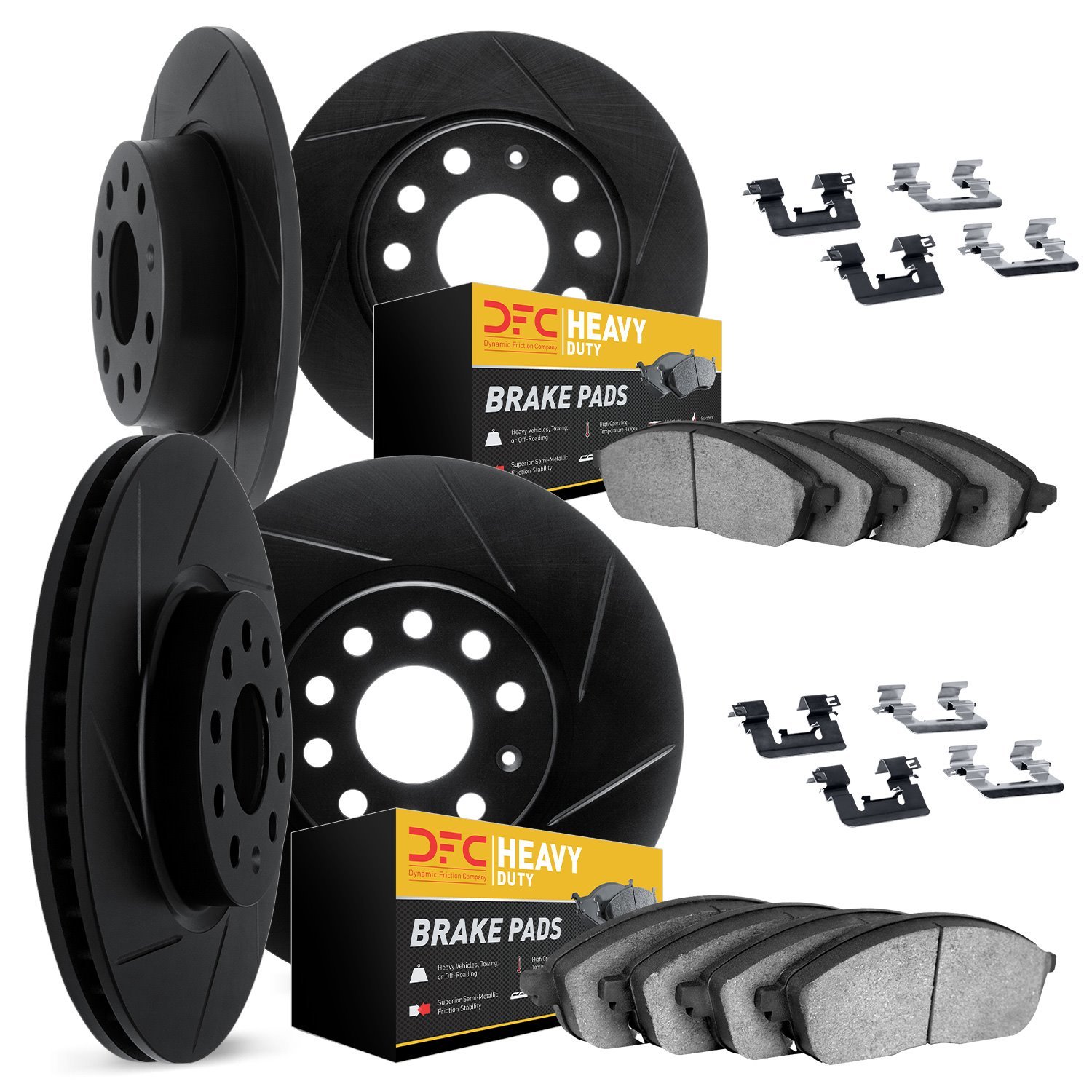 3214-42003 Slotted Brake Rotors w/Heavy-Duty Brake Pads Kit & Hardware [Black], Fits Select Mopar, Position: Front and Rear
